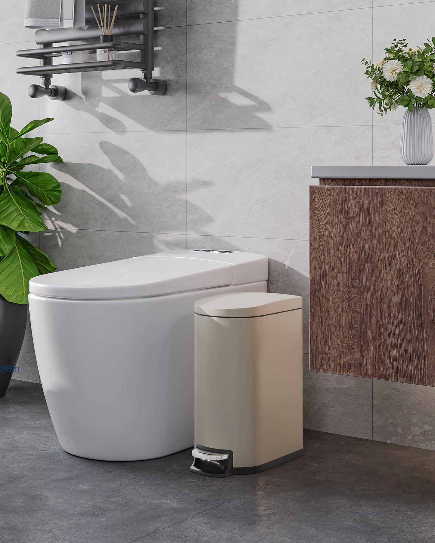 Garvee 2.6 gal / 10 L Metal Bathroom Trash Can with Lid, Slim Waterproof Garbage Can for Bedroom, Small Step-on Trash Bin with Inner Bucket, Rear Handle, Soft Close Lid, Sand Beige
