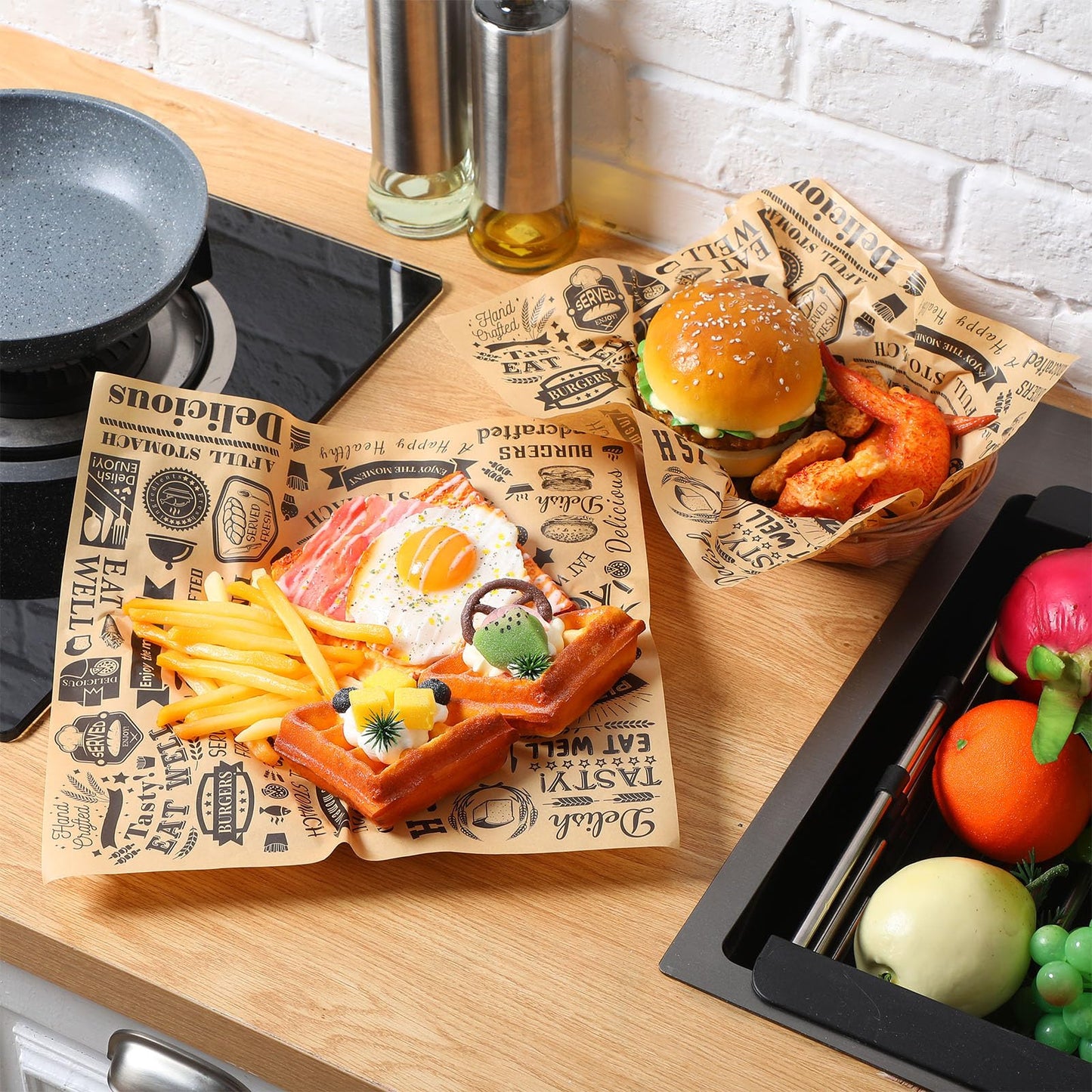 1000 Pcs 12 x 12 Inch Deli Wax Paper Sheets Grease Resistant Tray Basket Liners Newsprint Paper Water and Grease Proof Sandwich Wrapping Square Hot Dog Wrappers for Food Baking (Brown)