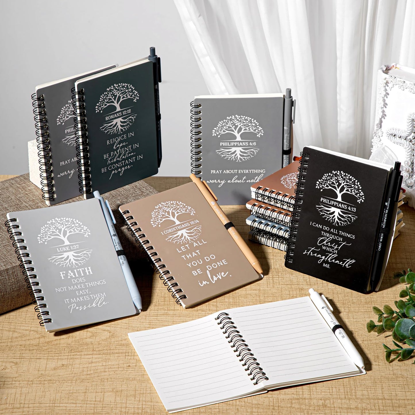 Kosiz 60 Pcs Fathers Day Christian Gift Bulk for Women, Motivational Church Prayer Journal Bible Verse A6 Spiral Notebook with Ballpoint Tree Life Religious Gift for Men Teacher (Boho Color)