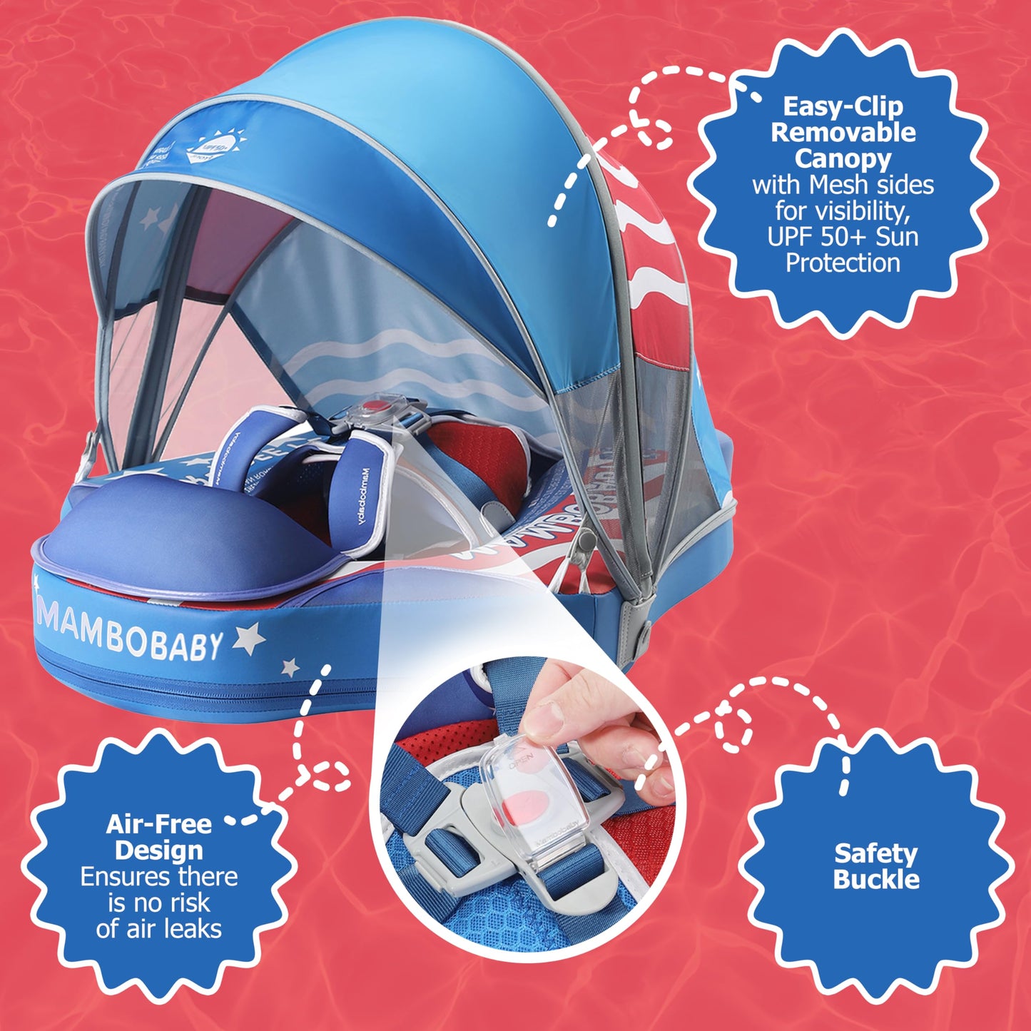 MAMBOBABYFLOAT Sunny Navigator Baby Pool Float with Canopy 2025 — Safe, Comfortable, Adjustable American Flag Pool Float w/Sun Protection, Air-Free Foam Technology, 5-Way Buckle System