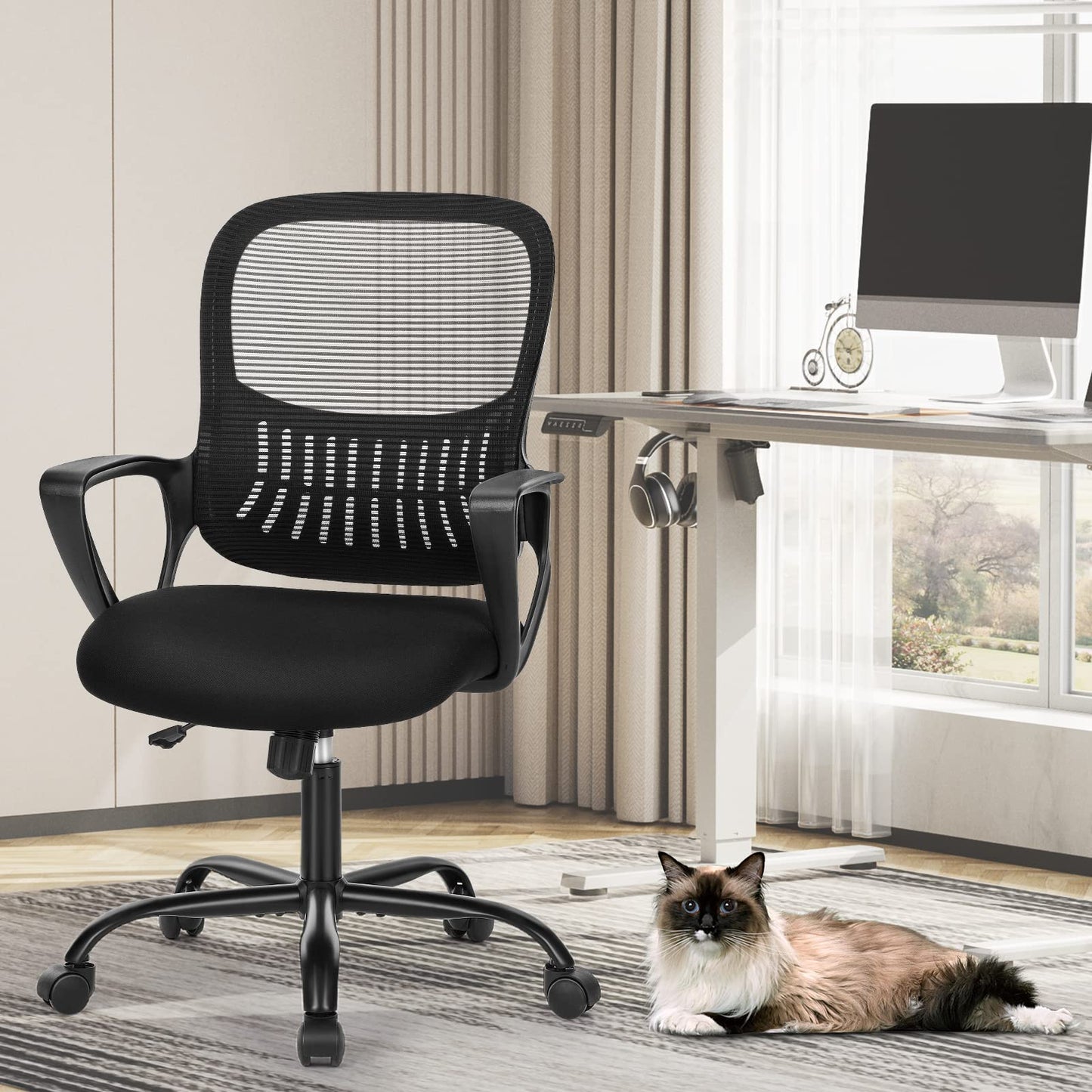 Sweetcrispy Home Office Managerial Executive Chair with Ergonomic Design, Mid-Back Mesh 360° Swivel, Comfortable Lumbar Support, Comfy Arms for Bedroom,Study,Student, Black
