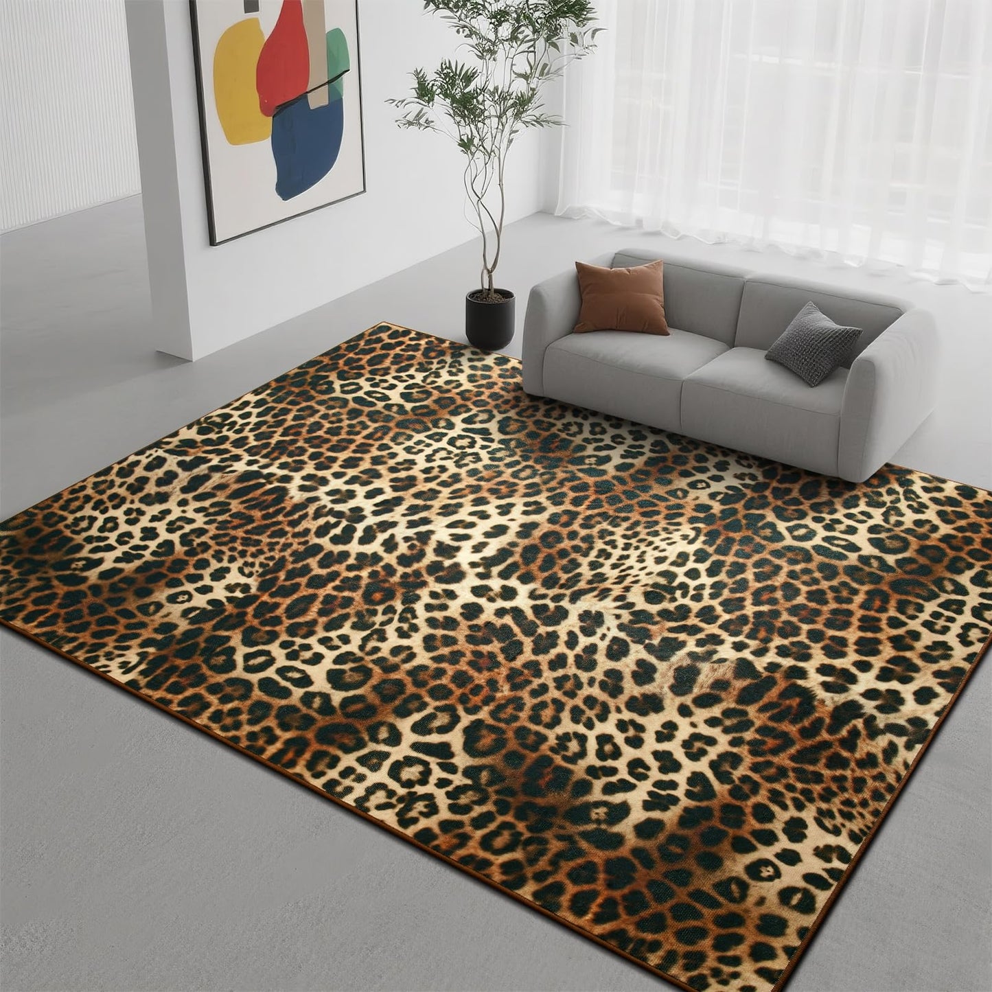 DweIke Leopard Rugs for Living Room, 5x7 Cheetah Print Rug for Bedroom Decor, Washable Non-Slip Stain Resistant Faux Animal Throw Carpet for Dining Room Office Western Home, Dark Brown