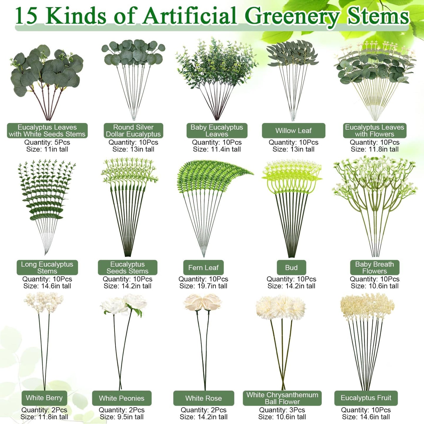 120Pcs 15 Kinds Mixed Artificial Eucalyptus Leaves Stems and Faux Flowers Bulk, Fake Silver Dollar Eucalyptus Bundle Plants Greenery Branches for Wedding Vase Bouquets Floral Arrangement Home Decor