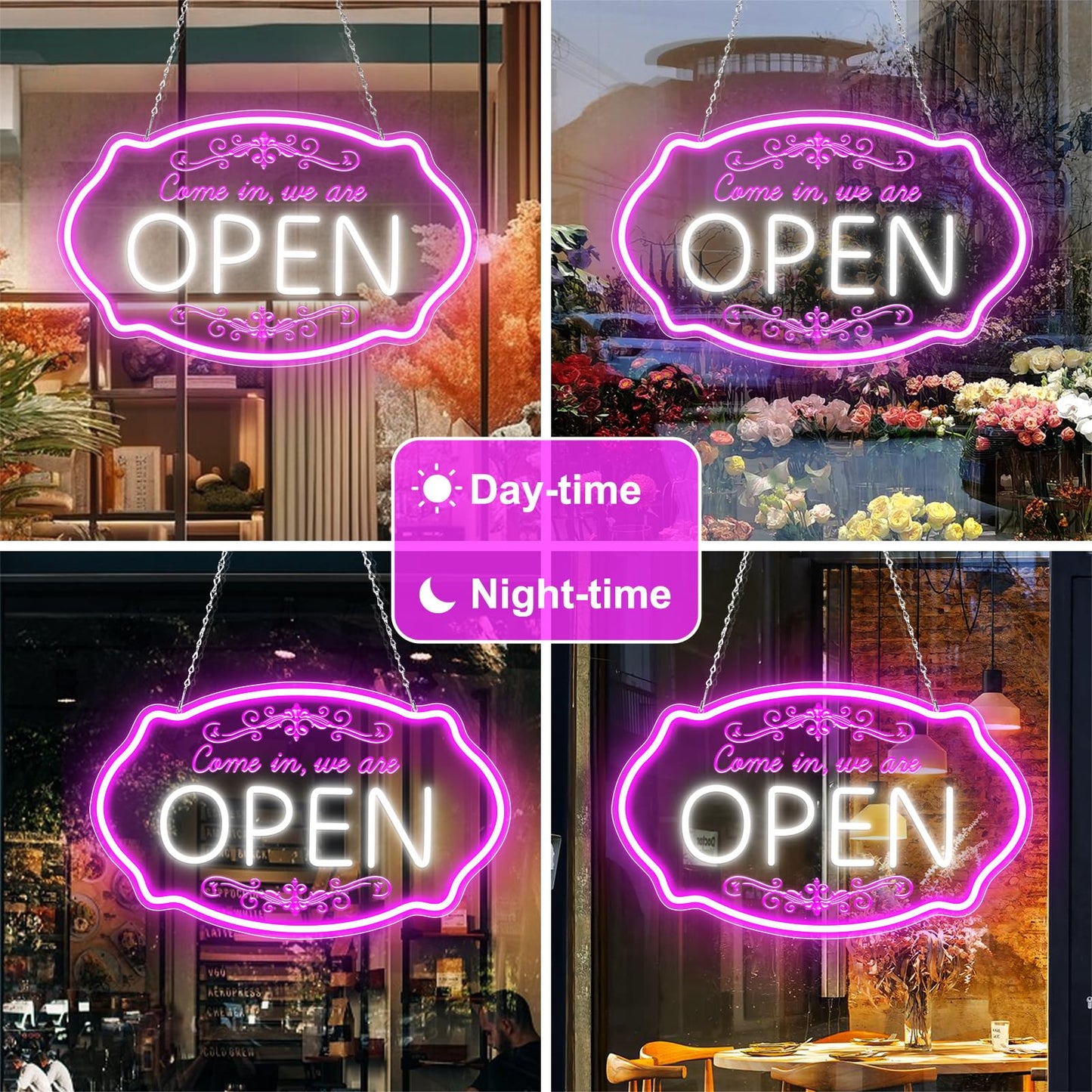 LED Neon Open Sign for Business, 16.5x10'' Come in We’re Open Sign, Pink&White Adjustable Brightness Neon Lights for Party, Bar, Salon, Stores, Hotel, Wall Decor, Clubs, Hotels