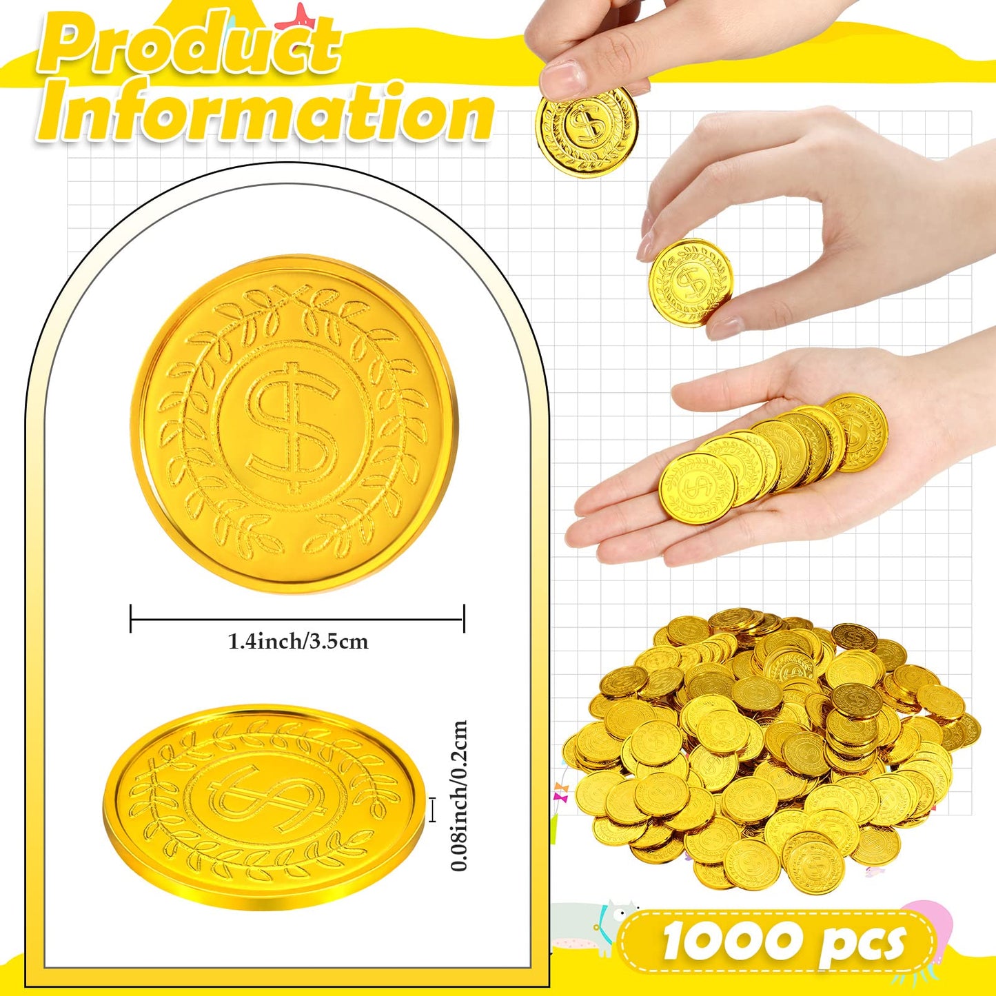 1000 Pcs Pirate Gold Coins Plastic Treasure Play Toy Coins Fake St. Patricks Doubloon for Pirate Party Favors Supplies Treasure Hunt Game Teachers Classroom Reward
