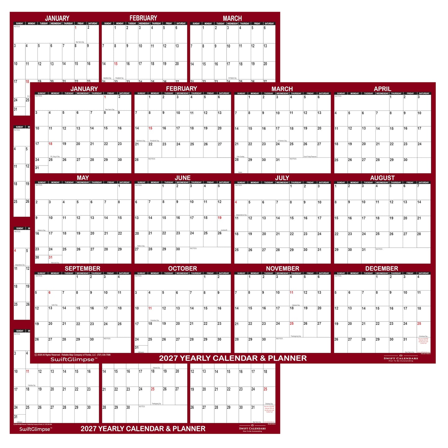 24" x 36" SwiftGlimpse 2027 Wall Calendar Erasable Large Wet & Dry Erase Laminated 12 Month Annual Yearly Wall Planner, Reversible, Horizontal/Vertical, Maroon