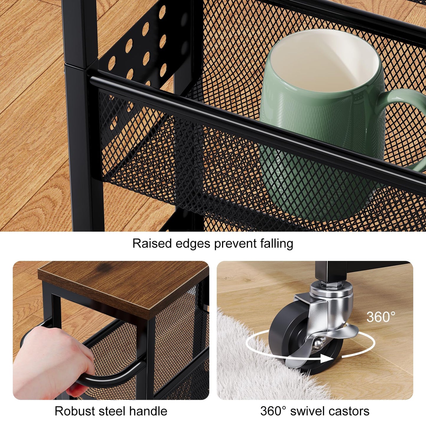Utility Slim Storage Cart, 4-Tier Narrow Bathroom Organizer and Storage Cart, Metal Narrow Kitchen Laundry Room Organization Rack with Wood Top, Slim Rolling Shelf with Wheels for Small Space