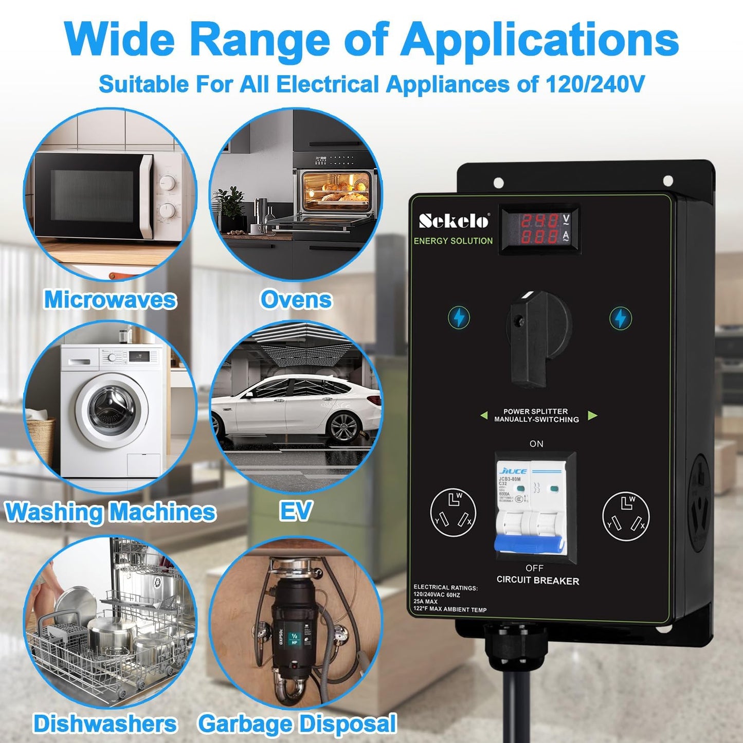 Manual EV Charging Switch for Dryer & EV, NEMA 10-30, 240V, 24A 5.76kW Max Power Splitter, with a Safety Breaker Switch, Hand-Operated Selector, Plug and Play