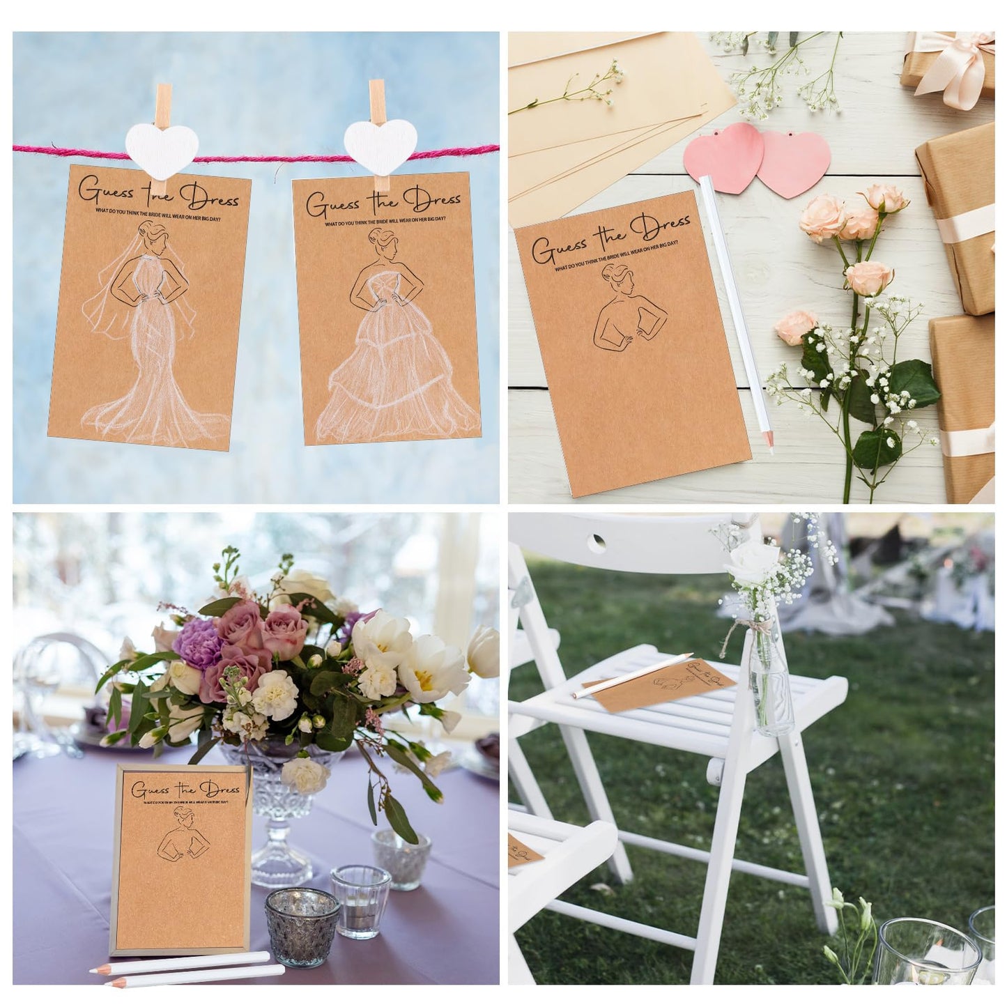 Sinload 50 Sets Guess the Dress Bridal Shower Games for Guests Wedding Shower Games Cards Water Soluble Pencils with Fun Heart Wooden Clip and 1 String Rope Wedding Party Supplies Games Ideas