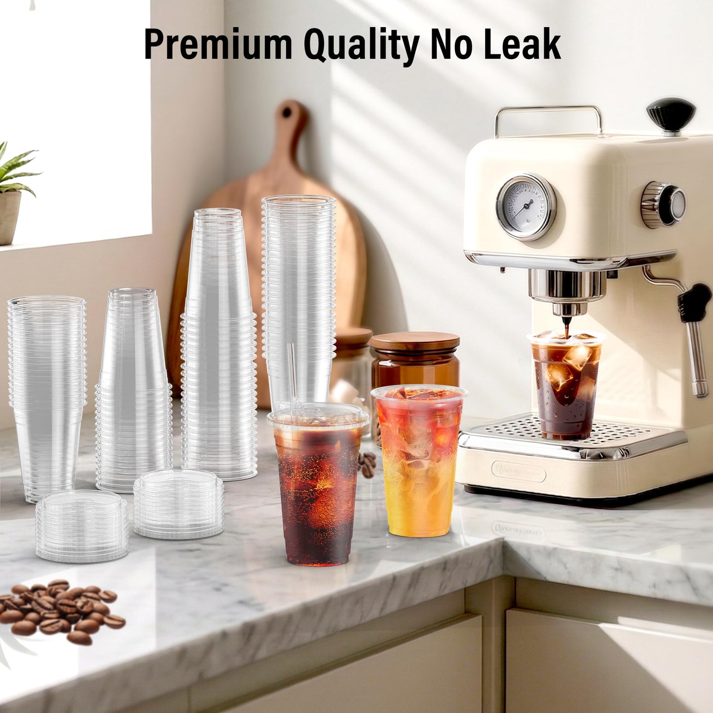 100 Pack - 16 oz Ratio Lines Iced Coffee Cups with Lids & Straws – No Guessing for Consistent Drinks, Disposable Clear Plastic Cups with Lids and Straws for Coffee, Smoothies, Juice, Parties Food Safe