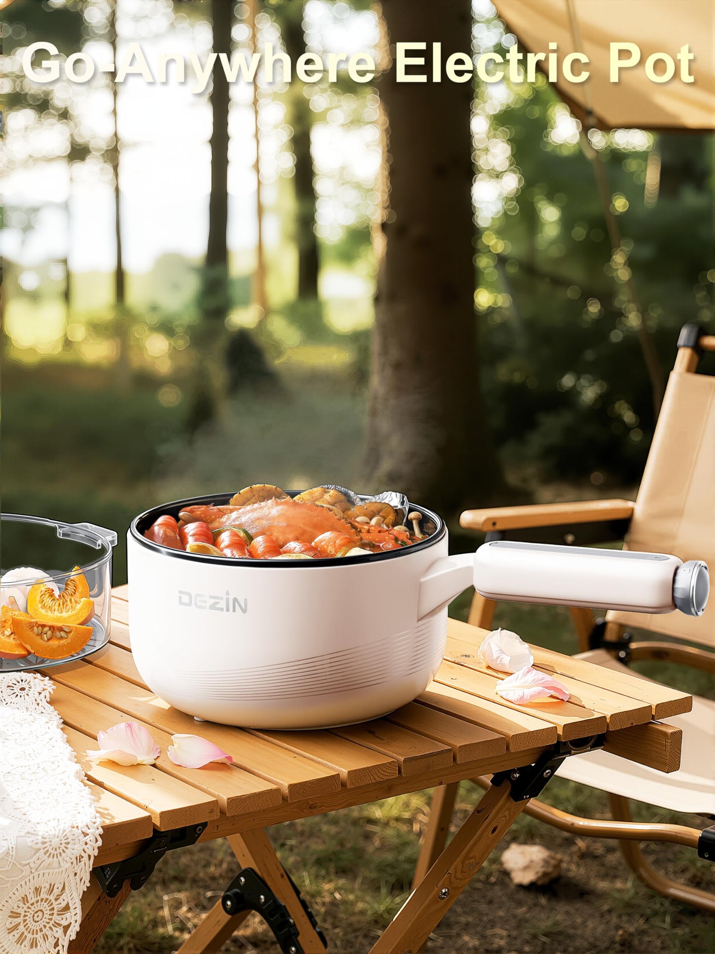 Dezin Electric pot with Steamer, 2L Non-Stick Sauté Pan, 5-in-1 Multifunctional Hot Pot Electric for Steak, Fried Rice, Oatmeal, Soup, Dual Power Control, Portable Pot for Dorm, Office & Small Kitchen