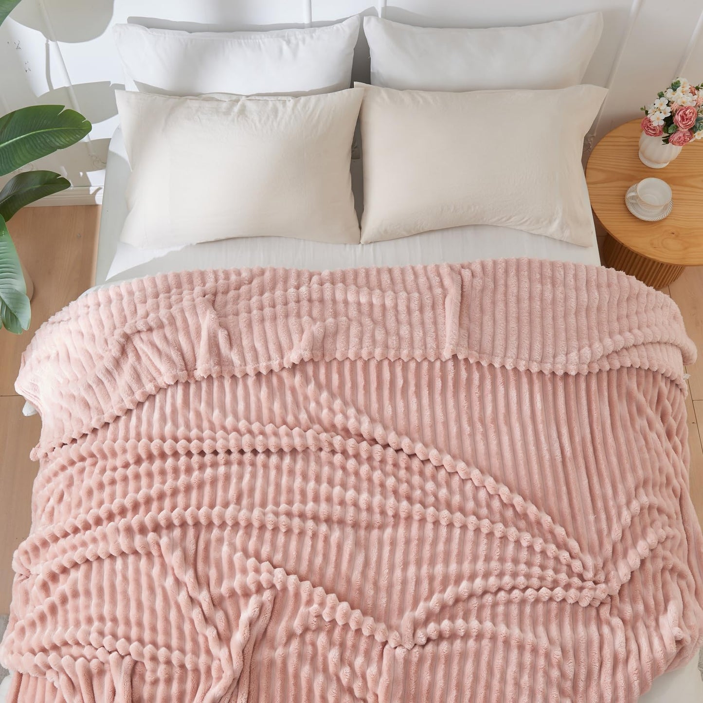 NEWCOSPLAY Super Soft Twin Blanket Pink Premium Silky Flannel Fleece 3D Ribbed Jacquard Lightweight Bed Blanket All Season Use (Pink Ribbed, Twin(60"x80"))
