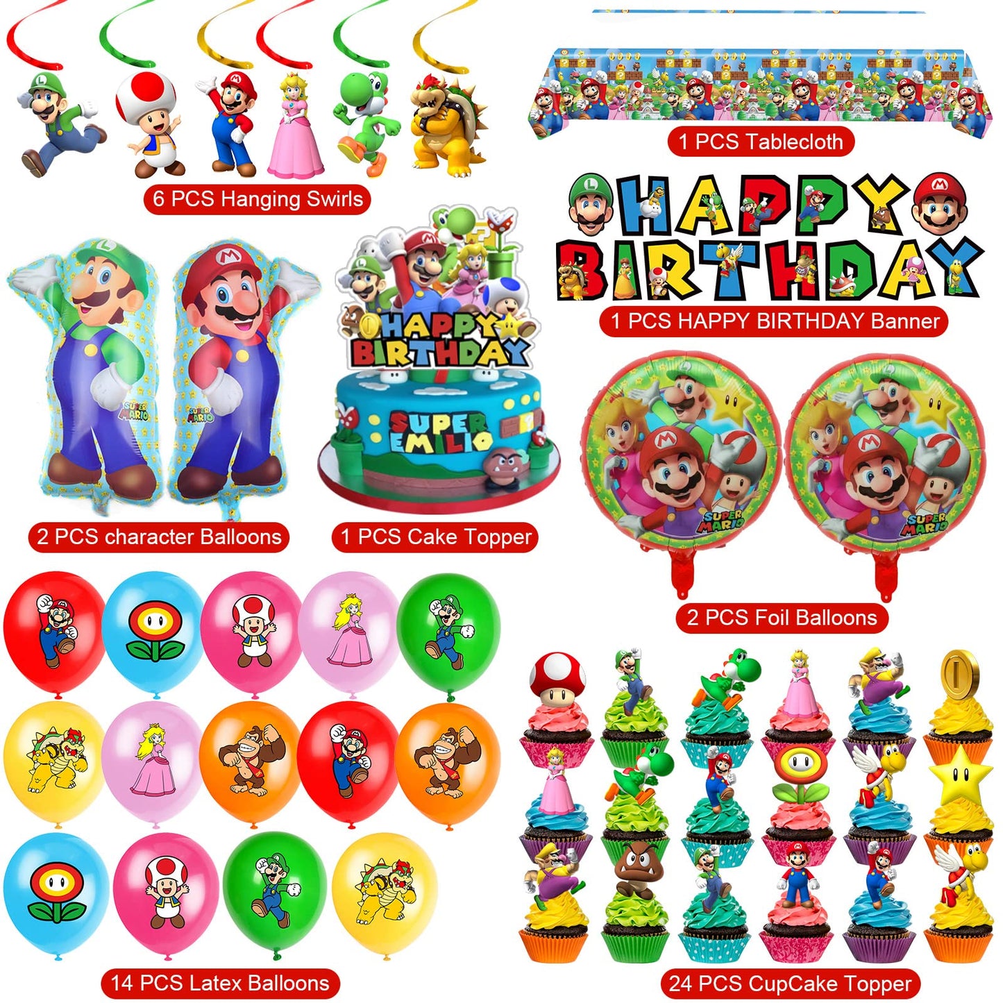 Mario Birthday Party Supplies, Party Decorations Set Include Banner, Balloons, Hanging Swirls, Cake Cupcake Toppers, Tablecloth for Boys Girls Mario Theme Party