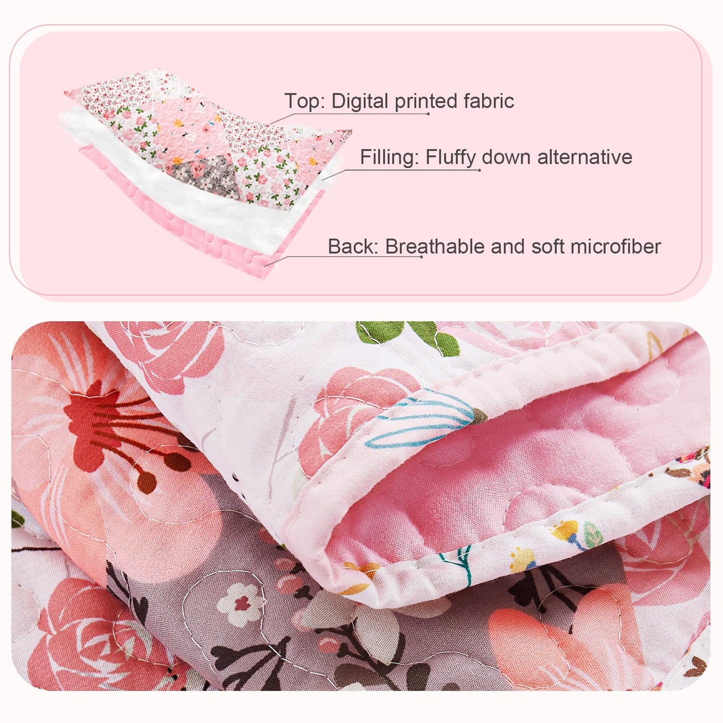 Whale Flotilla Patchwork Quilt Twin Size, Extra Soft Boho Floral Bedspreads for Bed Reversible Lightweight Twin Quilt Bedding Set Printed Coverlets with 1 Pillow Sham for All Seasons, Pink