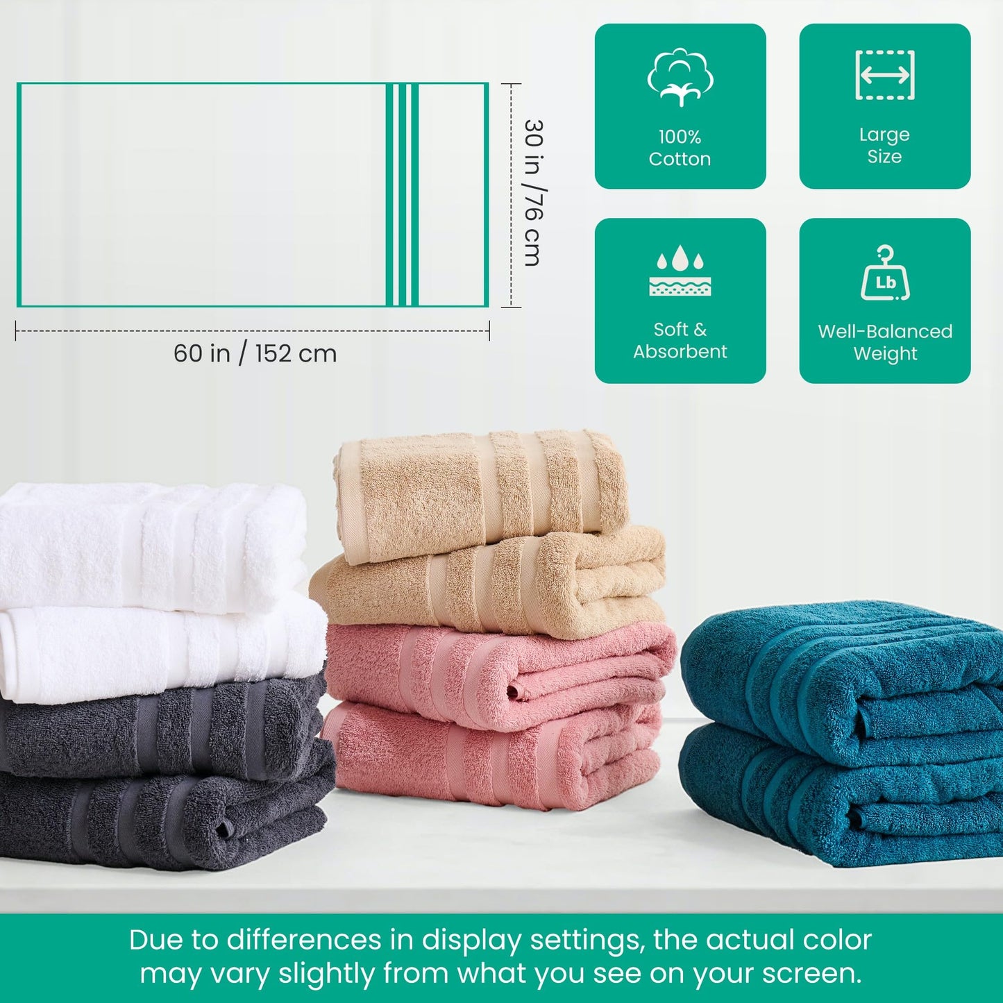 Velqora Bath Towels 4 Pack, Large 30 x 60 Inches, 100% Cotton, Soft & Absorbent Bathroom Towels for Everyday Use, White