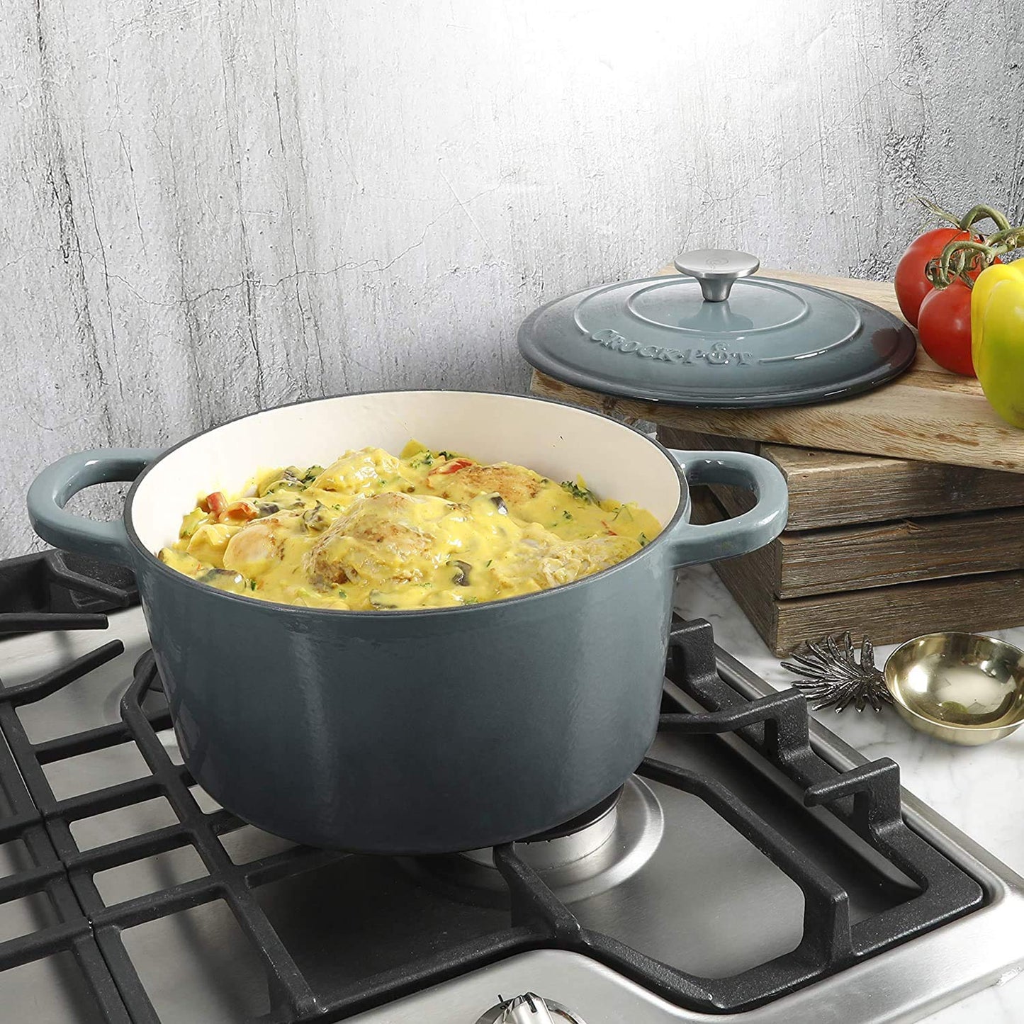Crock-Pot Artisan 7-Quart Round Enameled Cast Iron Dutch Oven – Slate Gray, Heavy-Duty Cookware for Slow Cooking, Baking, Roasting with Lid