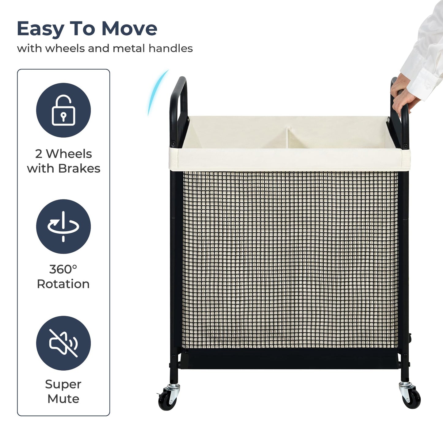 STO STO Laundry Hamper 2 Section, 100L Rolling Laundry Sorter Cart with Removable and Washable Liner Bag, Clothes Hamper with Wheels and Metal Handle for Laundry Room and Bedroom