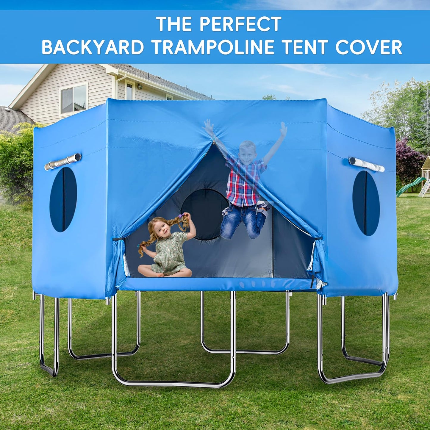 14FT 6 Straight Poles Trampoline Tent, Premium Oxford with Sunscreen Coating TrampolineTent Cover, Outdoor Fun for Kids,Protect from Sun (Tent Only)