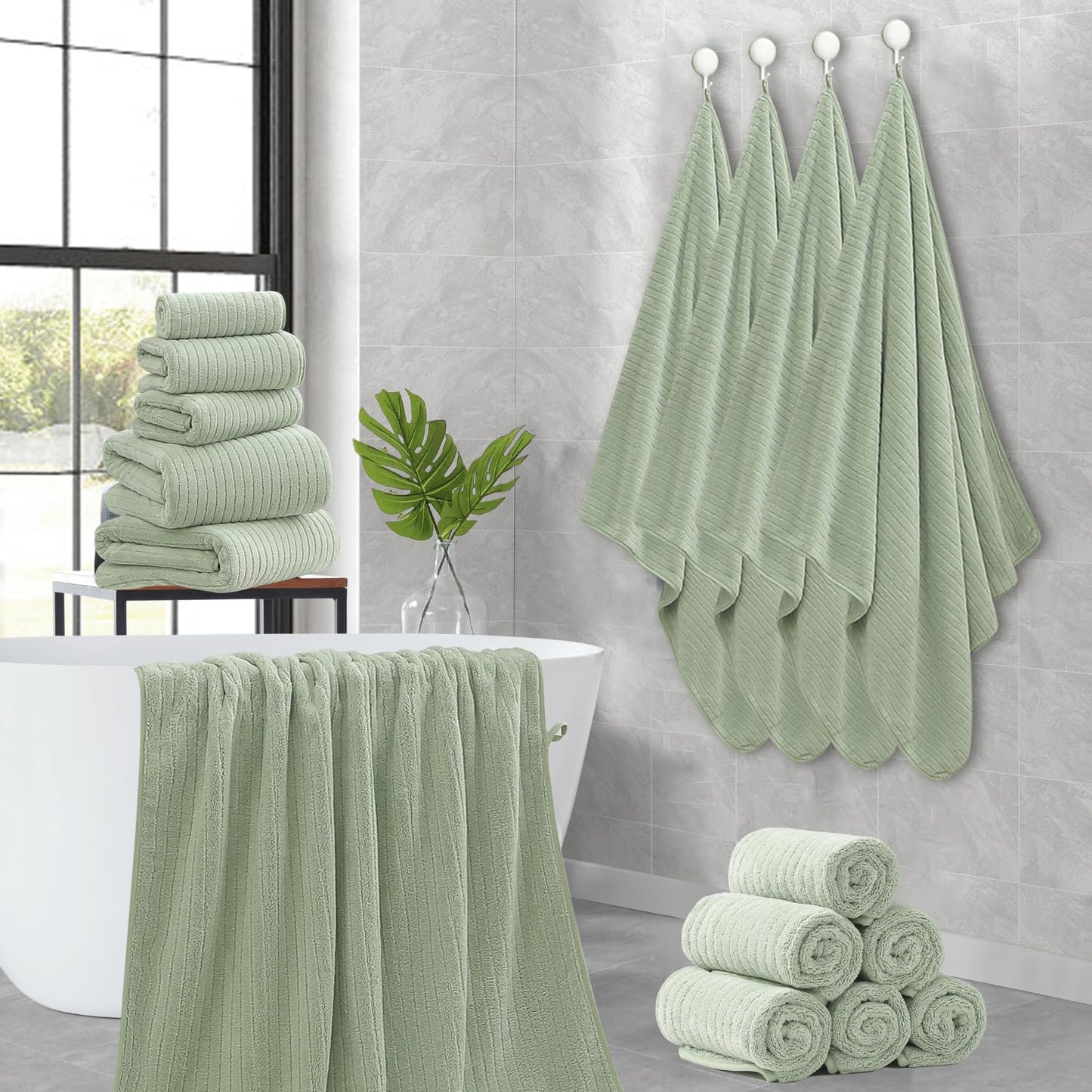 18 Piece Family Bath Towel Set Include 6 Bath Towels,6 Hand Towels and 6 Washcloths Soft Bathroom Towel with Hanging Loops,Highly Absorbent Quick Dry Towels Set for Bathroom,Hotel and Spa-Green