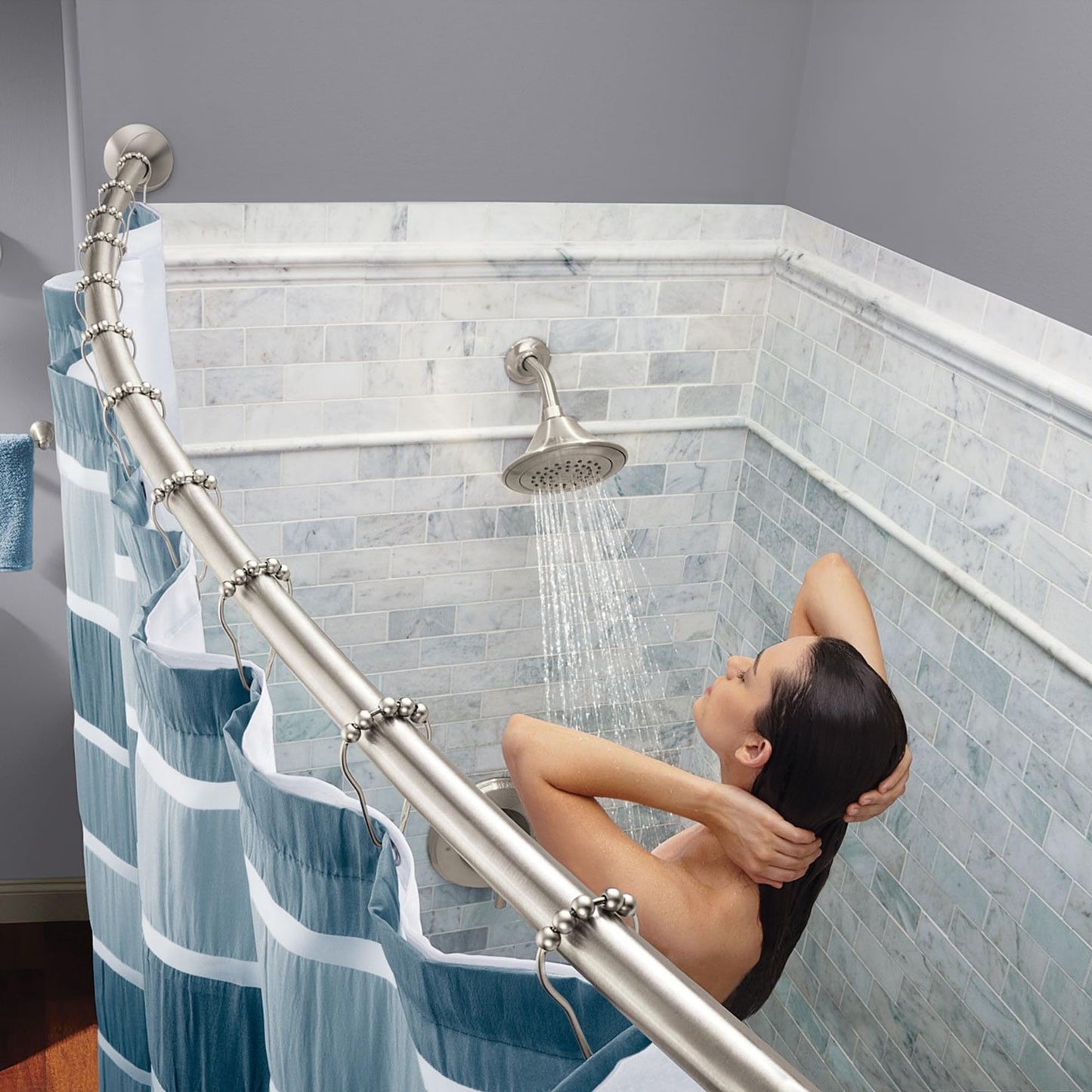 Moen Curved Adjustable Spring Tension No Drill Shower Curtain Rod for Bathroom, Brushed Nickel Finish, CSR2172BN