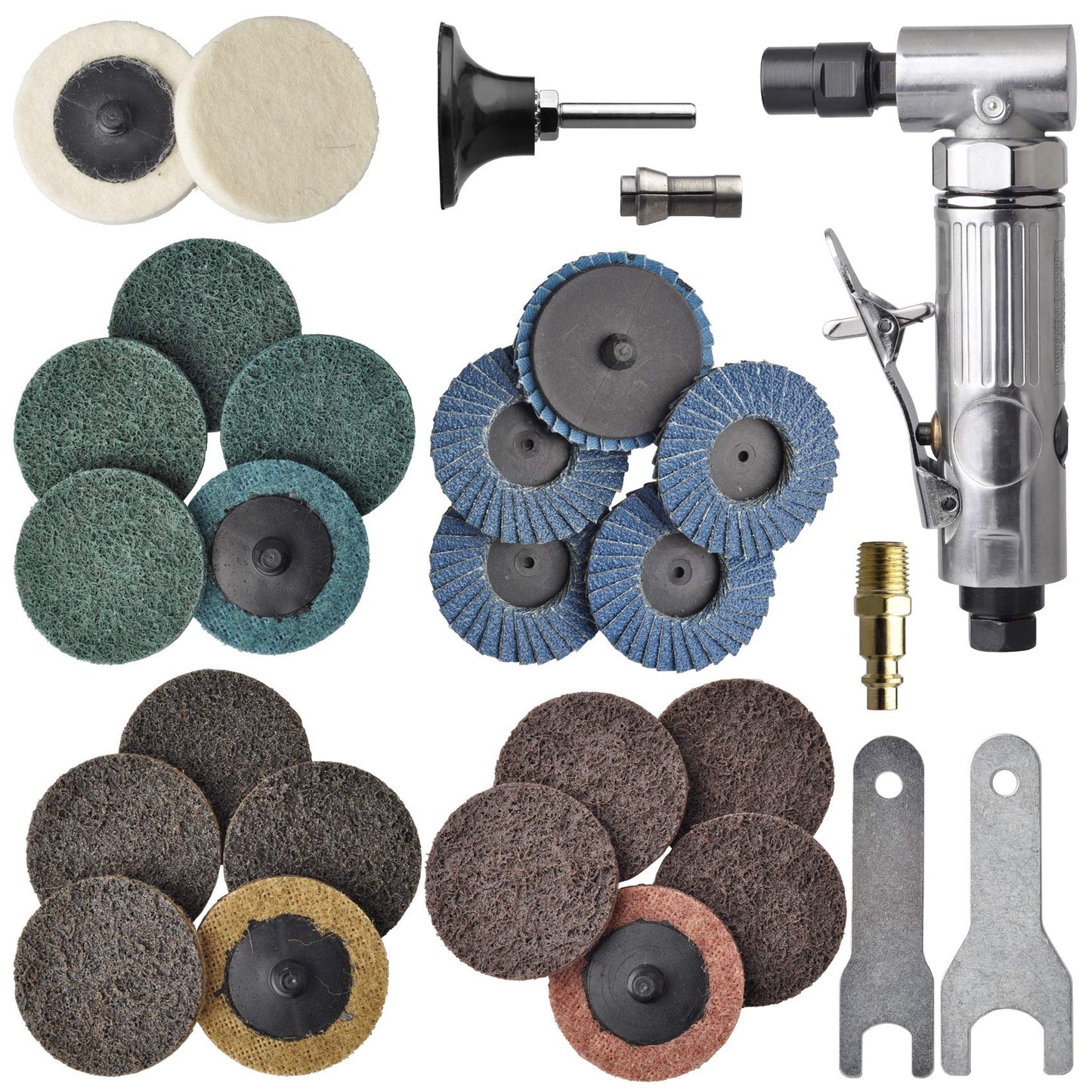 1/4 inch angle air die grinder with 22 pcs 2-inch roll lock sanding discs, polished color angle pneumatic die grinder, air die grinder kit