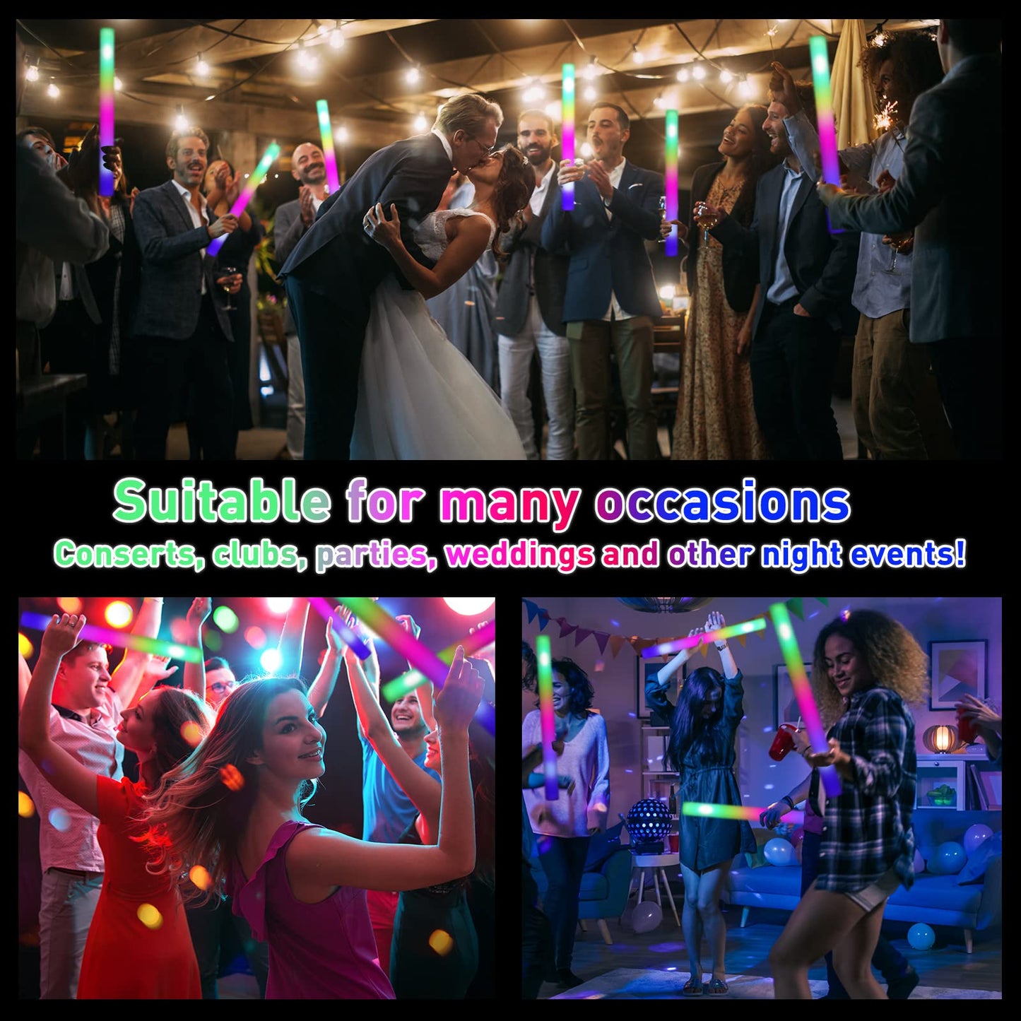 100 Pcs 18.5 inch Foam Glow Sticks Bulk, 4 Color LED Light Foam Sticks, Glow In The Dark Party Supplies, 3 Modes Colorful Flashing for Birthday Wedding Easter Halloween Christmas
