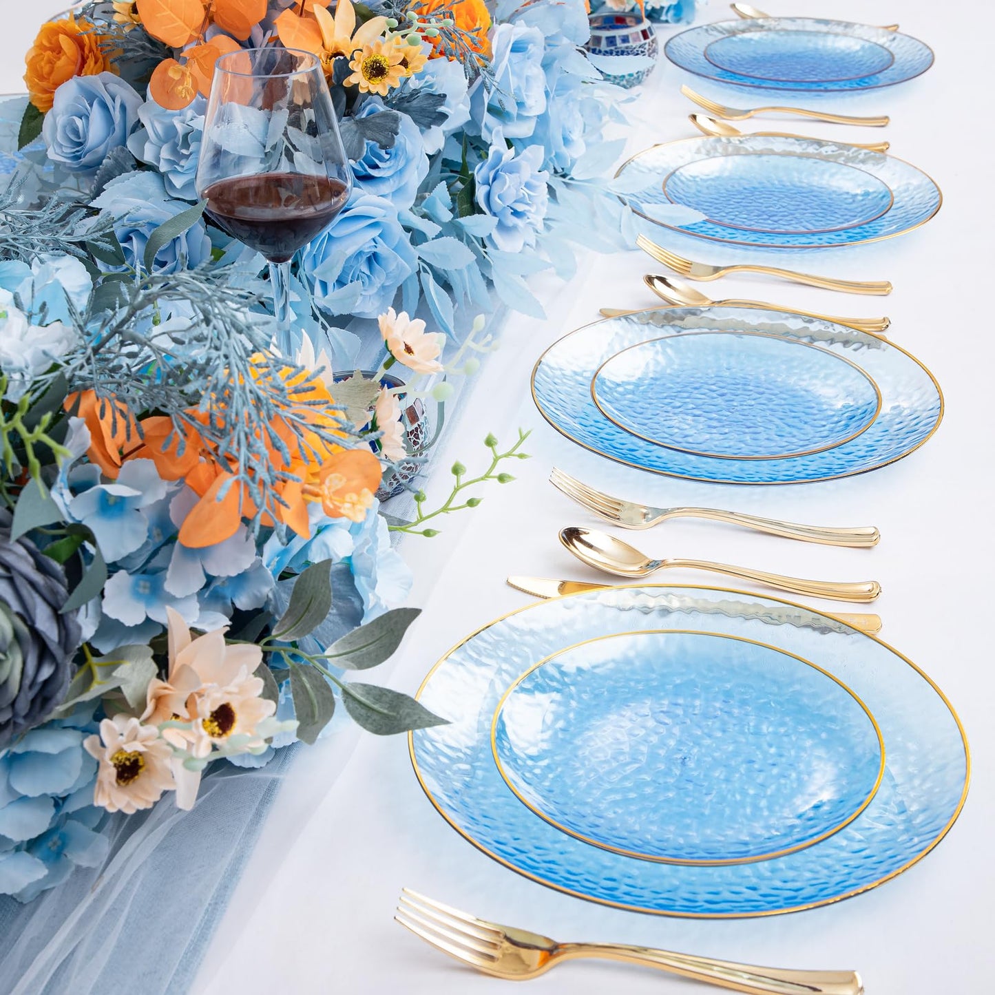 Rubtlamp 60Pcs Clear Blue Plastic Plates, Hammered Blue Plates, Clear Fancy Disposable Plates With Gold Rim Include 30 Dessert Plates, 30 Dinner Plates for Party