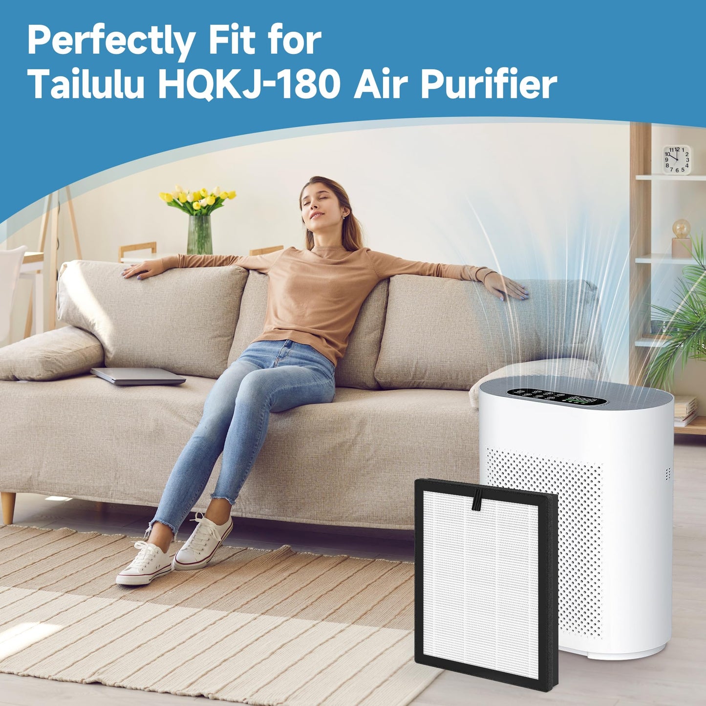 2 Pack HQKJ-180 Replacement Filter Compatible With Tailulu HQKJ-180 Purifier for Large Room Filter Smoke Pet Dander