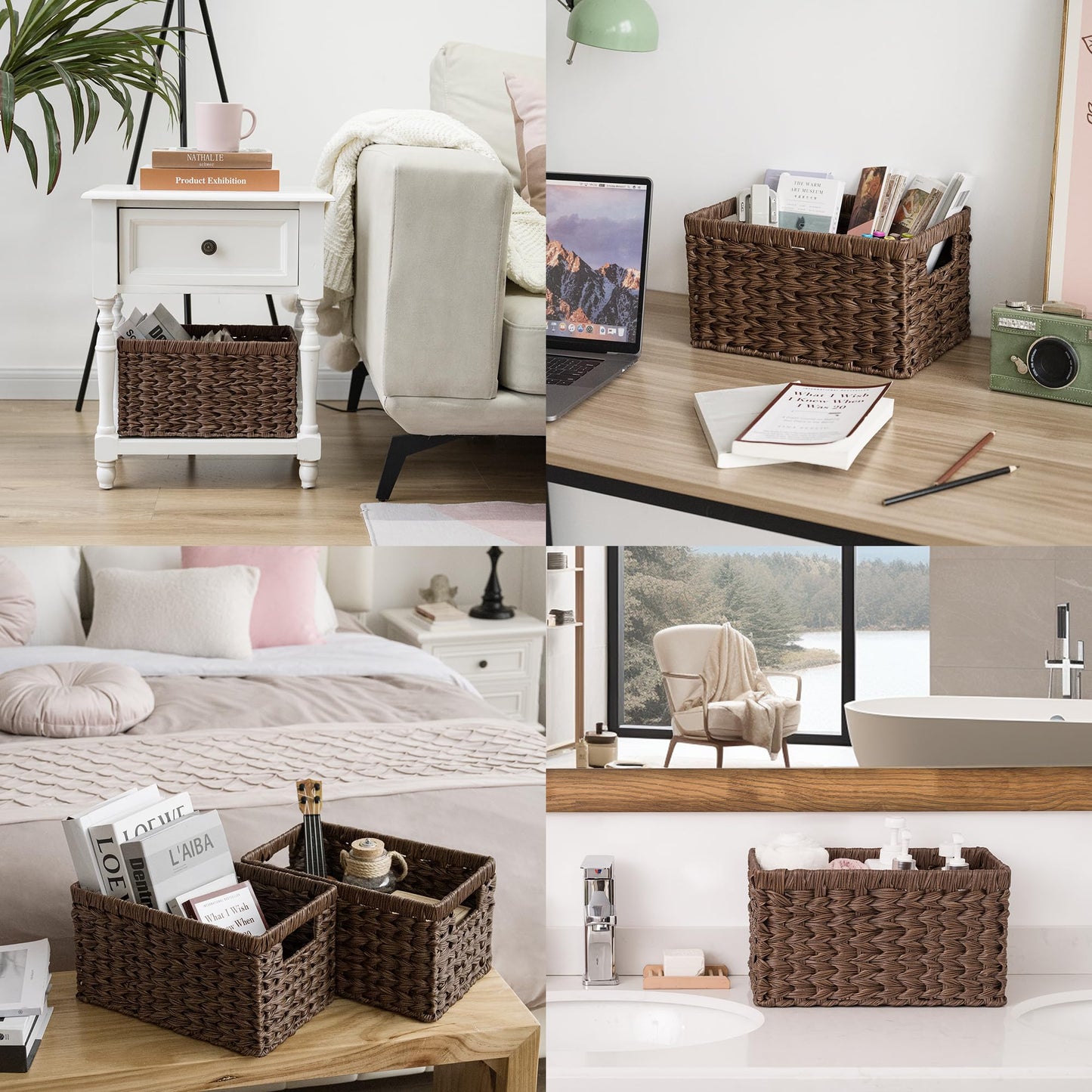 GRANNY SAYS Wicker Storage Baskets for Shelves, Wicker Baskets for Organizing, Waterproof Woven Basket for Pantry, Rectangle Basket for Shlef, Brown, 2-Pack