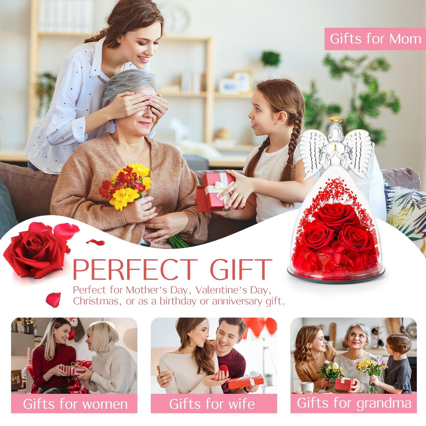 Agrul Mothers Day Flowers Gifts for Mom Women,Forever Real Roses in Angel Figurines,Mothers Day Roses Gifts for Grandma Wife/Red