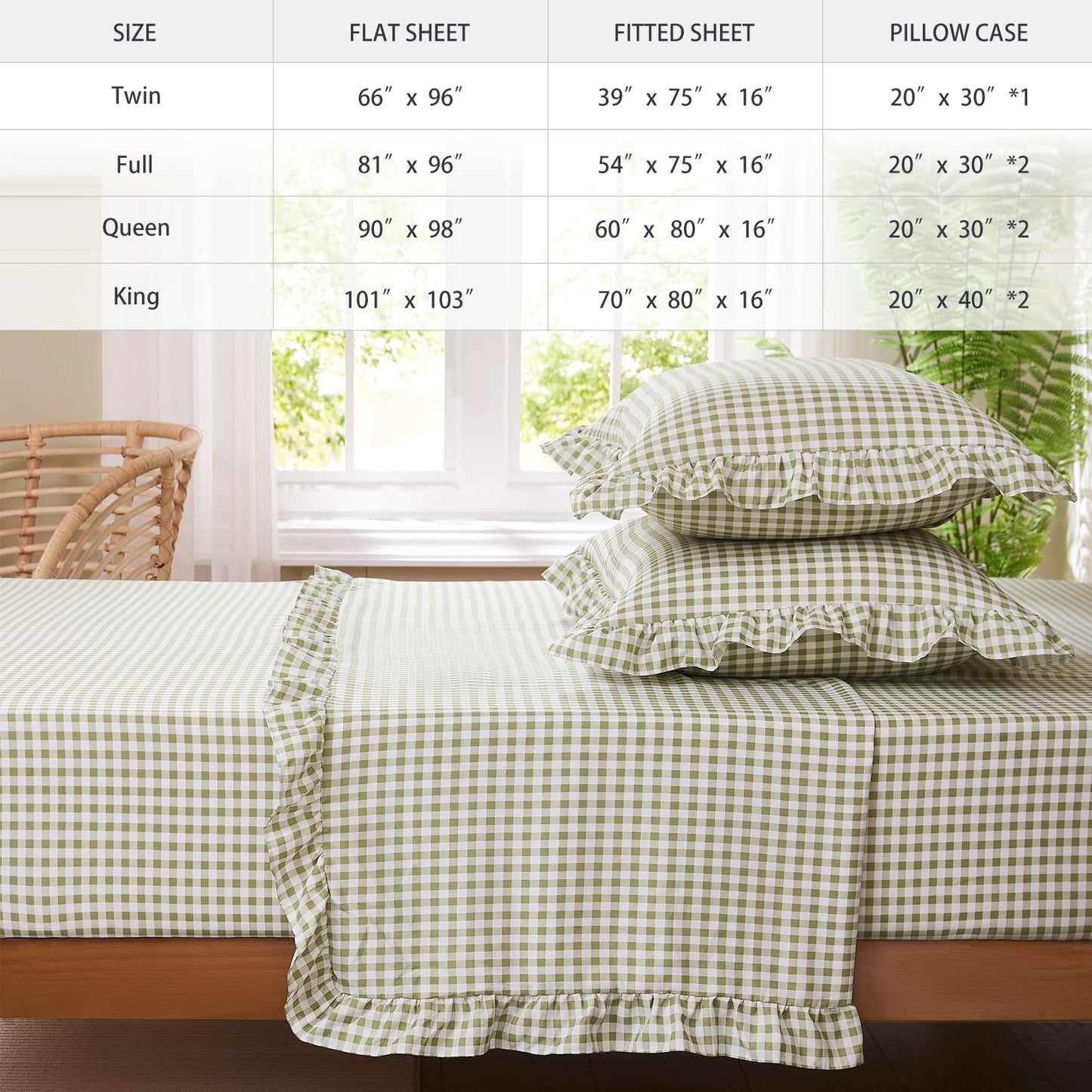 kisswish Gingham King Sheet Set, Lightweight Super Soft Brushed Microfiber Plaid Bed Sheets with 16" Deep Pocket, 4 Piece Ruffle Farmhouse Bedroom Decor, Sage Green