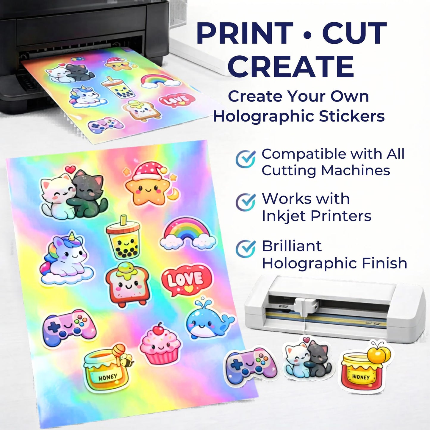 100 Sheets Holographic Sticker Paper 8.5x11 Inch Printable Waterproof Sticker Labels Rainbow Vinyl Sticker Paper for Inkjet or Laser Printer