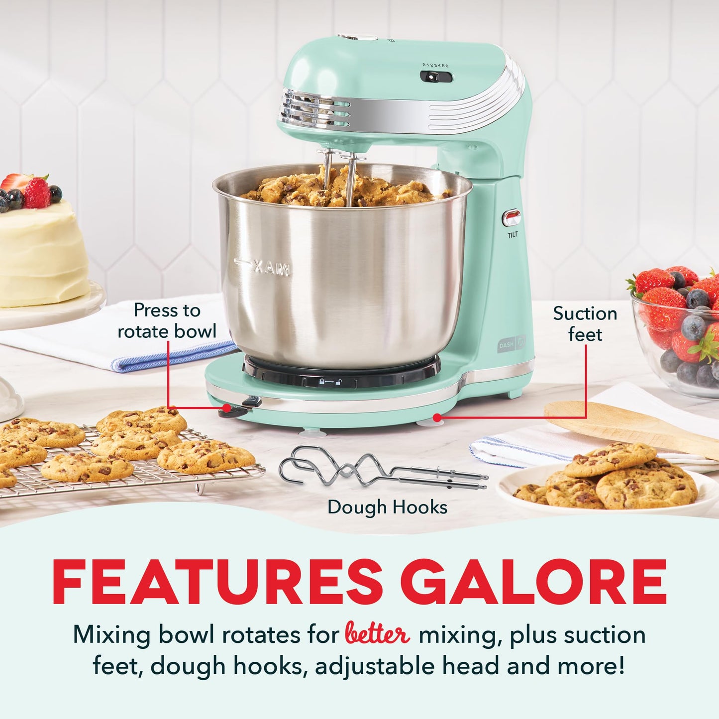 Dash Everyday Stand Mixer - Compact Tilt-Head Stand Mixer for Everyday Recipes - 6-Speed Power with Stainless Steel Bowl - Aqua, 3-Quart