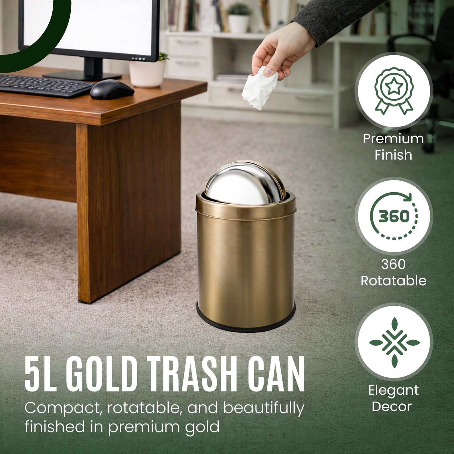 Aruhbck Gold Trash Can | Bathroom Garbage Bin with Lid | 5L Small Metal Wastebasket | Stainless Steel Rubbish Can | Non Slip Base | Simple Human Garbage Can | Office Wastebasket |