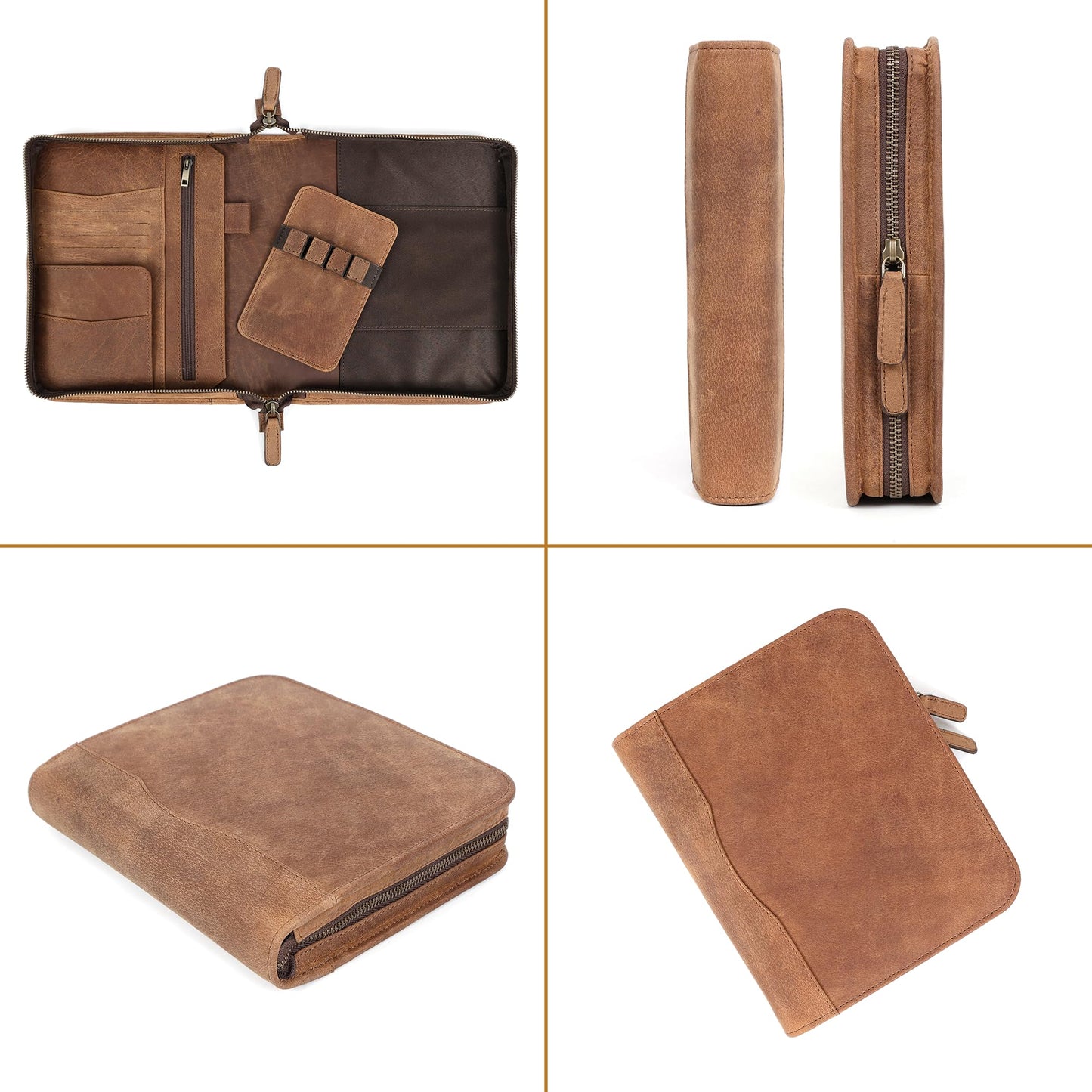 ELIZO Leather A5 Portfolio Padfolio Folio A5 Notebook Journal Cover Planner Binder Small Mens Business Work Folder Organizer (Saddle)