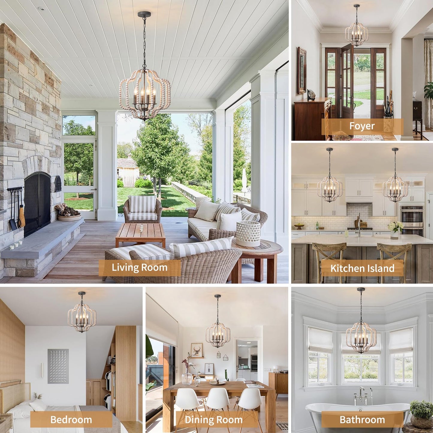 17.7" Beaded Chandelier Light Fixture, Boho Farmhouse Wood Beaded Pendant Light, 4-Light Dimmable Vintage Rustic with Adjustable Chain for Dining Room, Kitchen Island, Bedroom, Entryway, Living Room