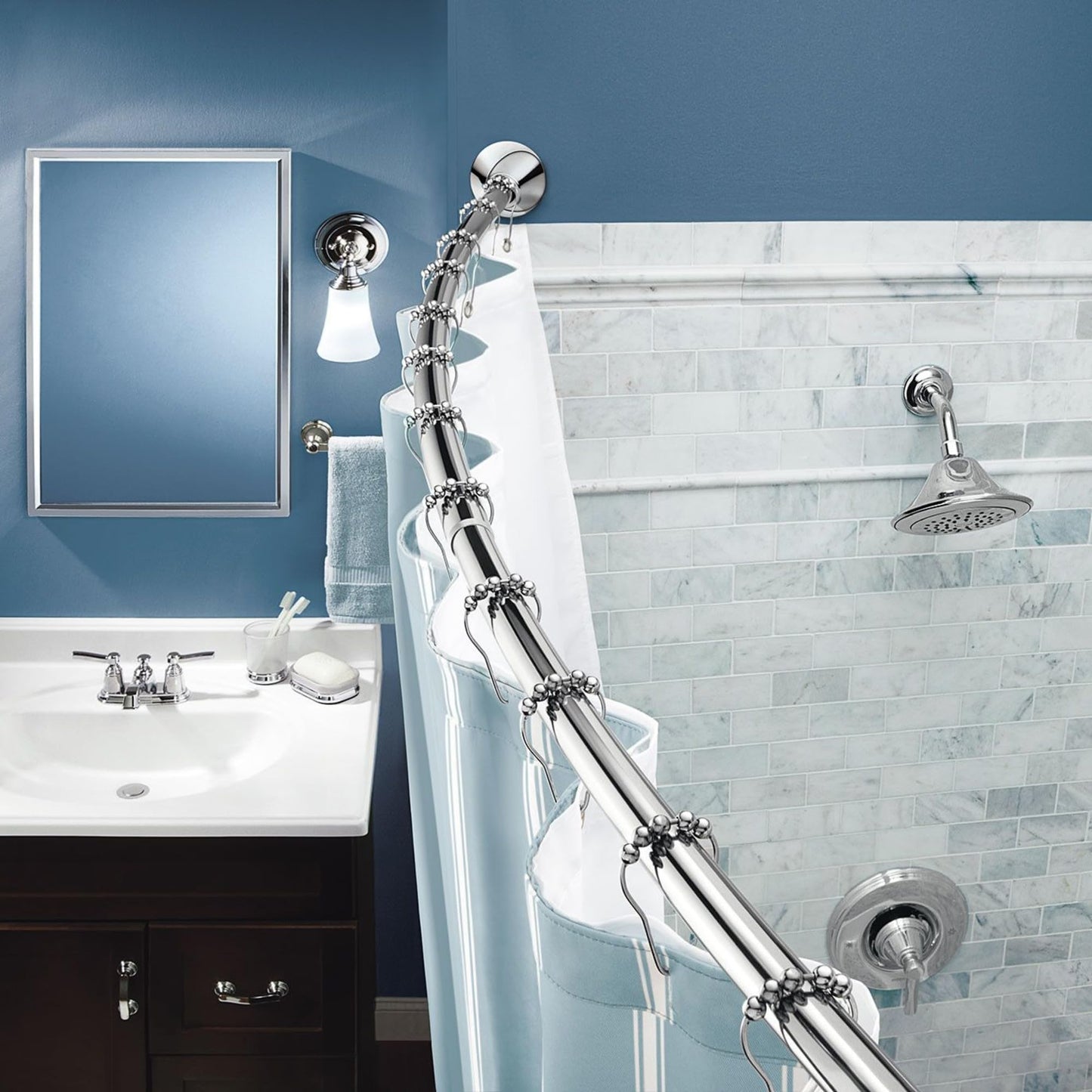 Moen Curved Adjustable Spring Tension No Drill Shower Curtain Rod for Bathroom, Chrome Finish, CSR2172CH
