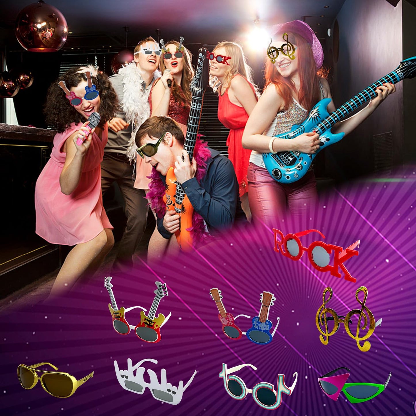 Large Rock Star Funny Sunglasses Set, Rock and Roll Party Funny Music Sunglasses, Inflatable Guitar Microphone for 70s, 80s, 90s, Music Party, Photo Booth Props for Carnival Rock and Roll Party