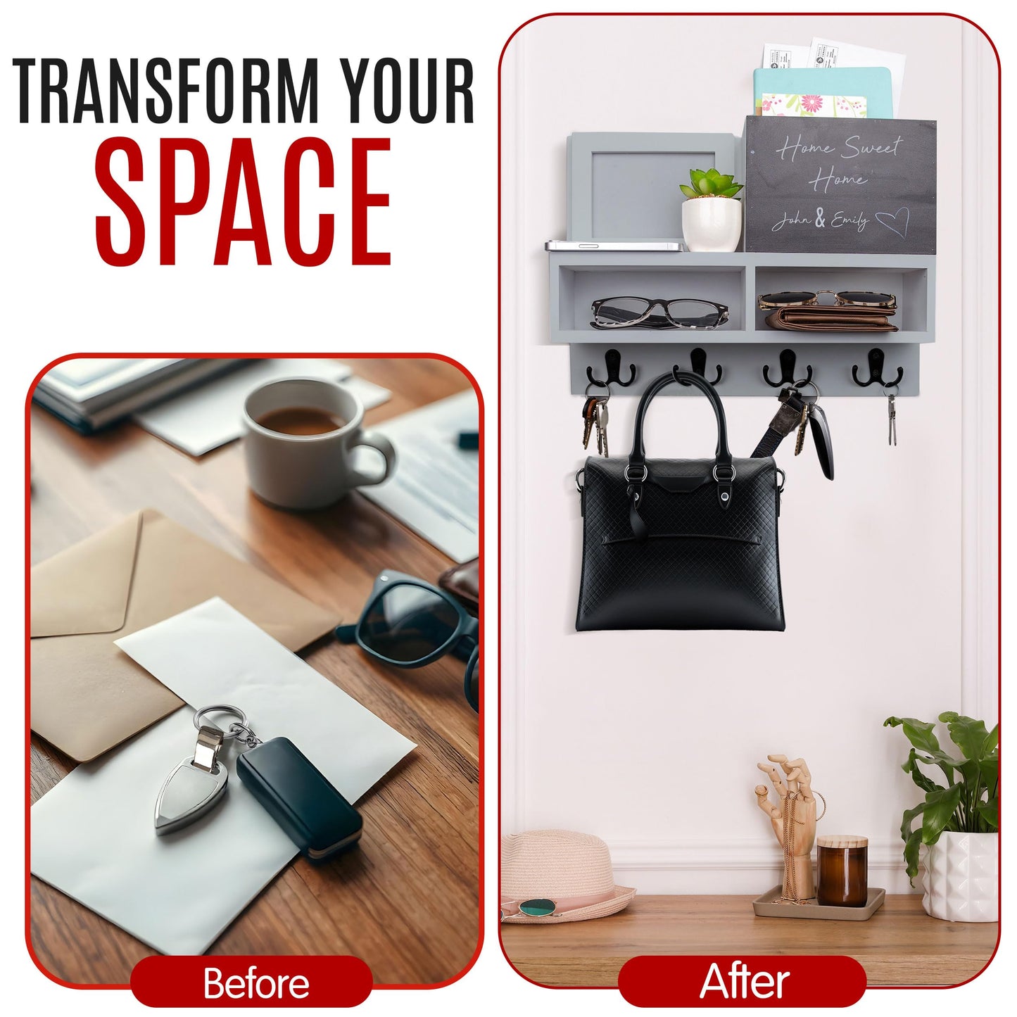 Spacelog Key and Mail Holder for Wall with Chalkboard – Magnetic Picture Frame Key Holder Wall Mount, Cool Grey with Subtle Blue Undertone, Dual Storage & Cupboards