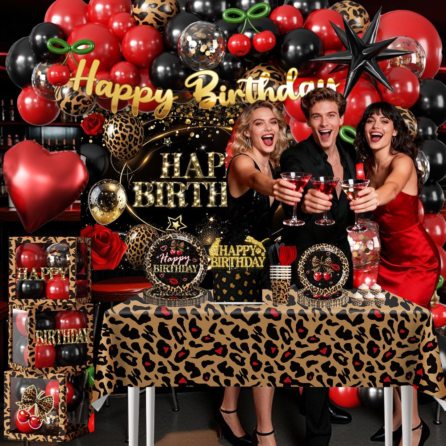 Cocomigo 258pcs Cheetah Print Birthday Decorations, One-stop Set for 25 People, Includes 350gsm Plates Pre‑threaded Banner Backdrop and Tablecloths, Cheetah and Cherry Birthday Decorations for Female