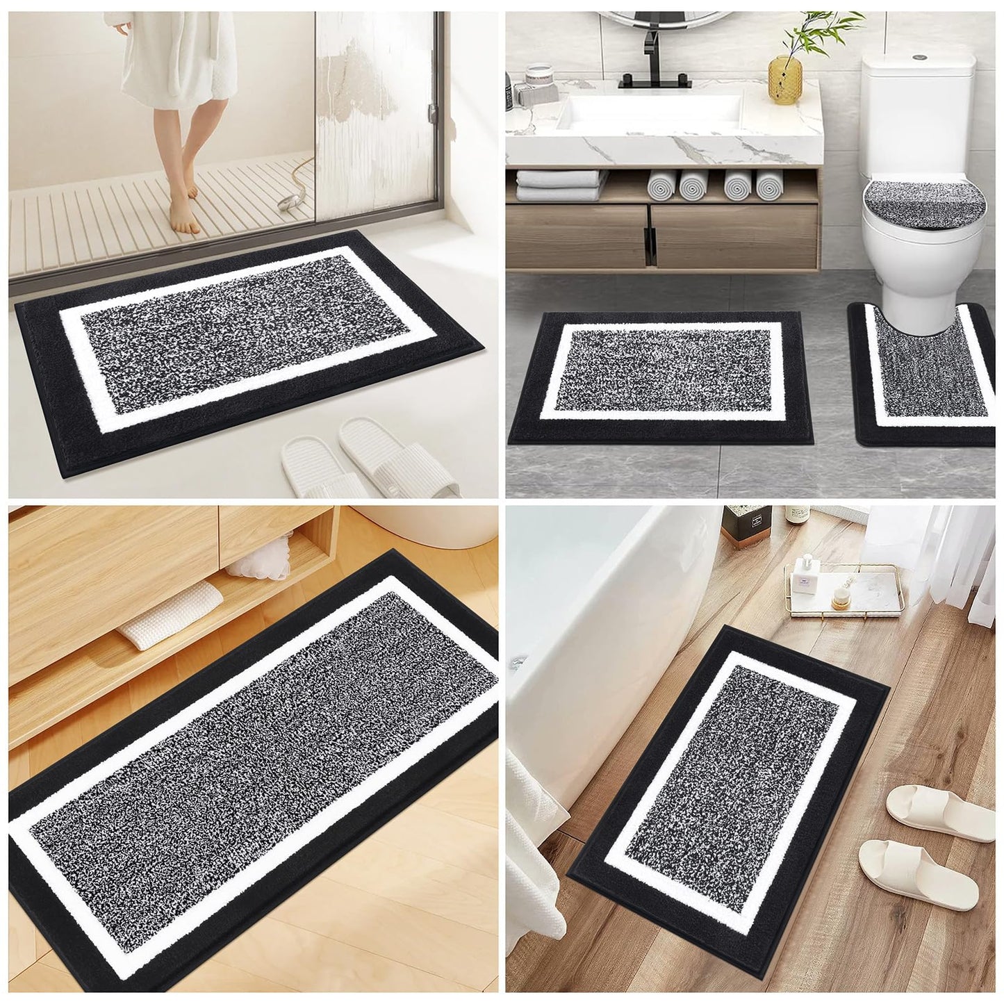 Pauwer Bathroom Rugs Set 5 Piece, Plush Absorbent Microfiber Bath Mats for Bathroom, Non Slip Washable Bath Rug Set with U Shaped Contour Toilet Rugs, Shower Rug and Toilet Lid Cover, Black