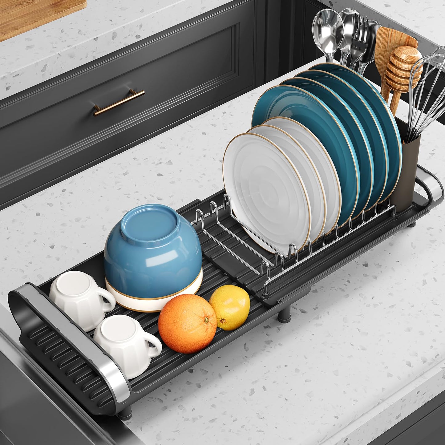 Small Dish Drying Rack, Mini Expandable Compact Dish Rack, Slim Extendable Stainless Steel Dish Drainer for Kitchen Plate Storage, Space Saving Dish Strainer in Sink or on Home Countertop, Black