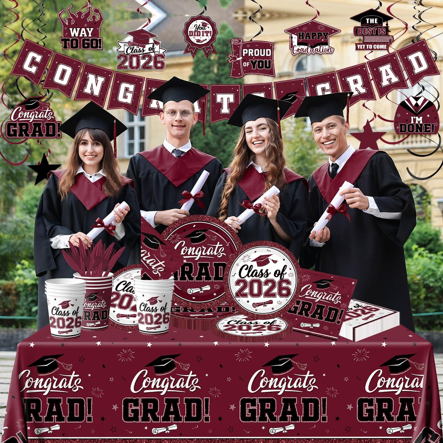 2026 Graduation Decorations Tableware,Maroon White Graduation Plates and Napkins,Class of 2026 Congrats Grad Party Supplies Disposable Tablecloth Cup Knife Fork for Graduation Party Decor,Serve 25