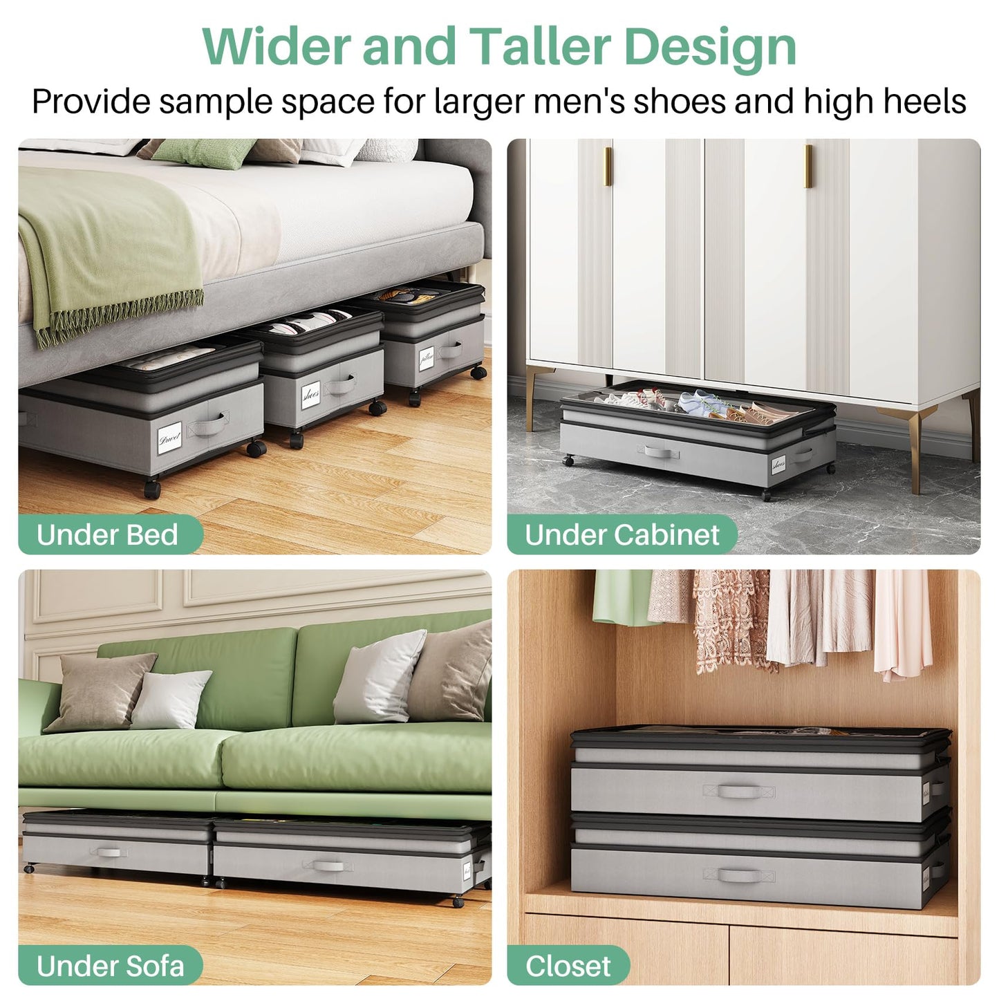 Kitstorack Under Bed Storage with Wheels 2Pack Height-adjustable Under Bed Storage Containers,Under Bed Shoe Storage Organizer with Clear Window&Label, Suitable for Clothes Storage, Gray