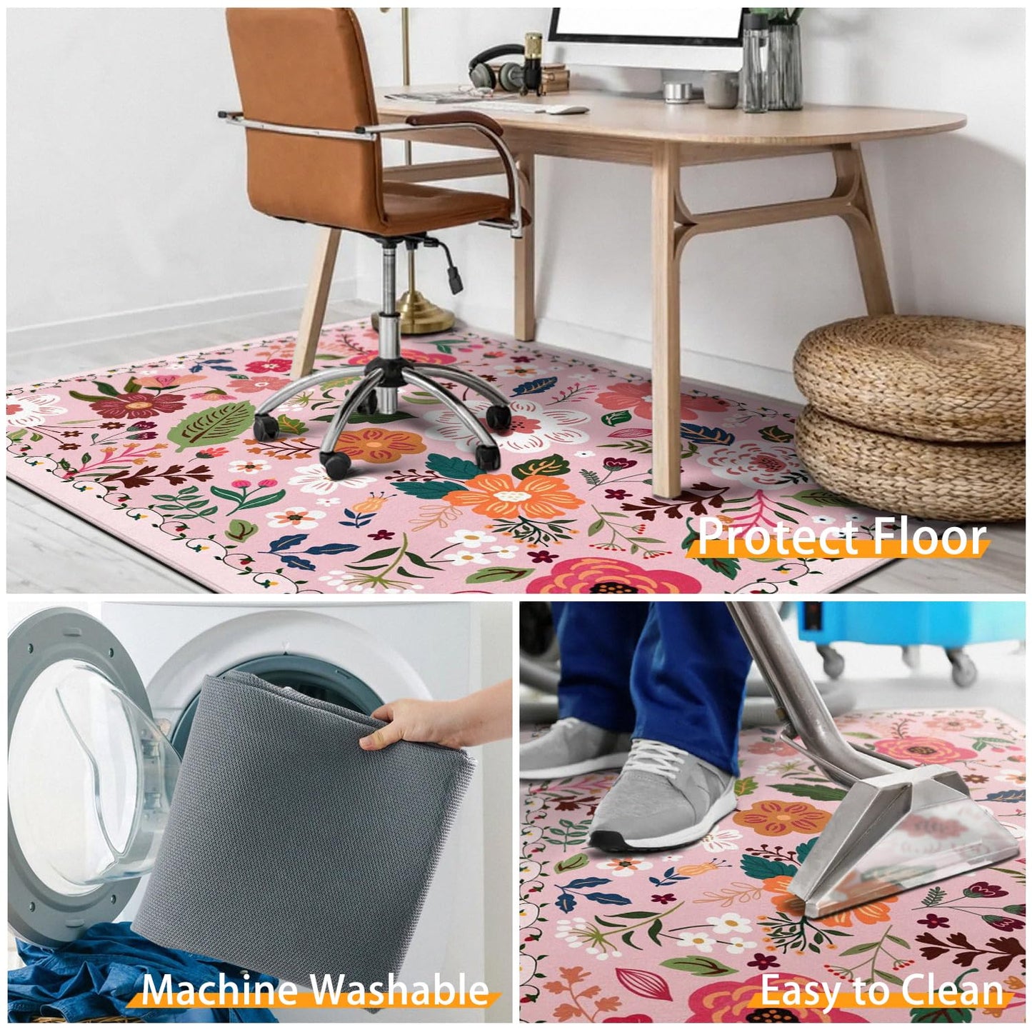 Office Chair Mat for Hardwood & Tile Floor,Boho Floral 36"x48" Computer Chair Mat for Rolling Chairs Carpet,Under Desk Non Slip Gaming Rug,Low-Pile Rubber Backing Large Protector Mat(Pink)