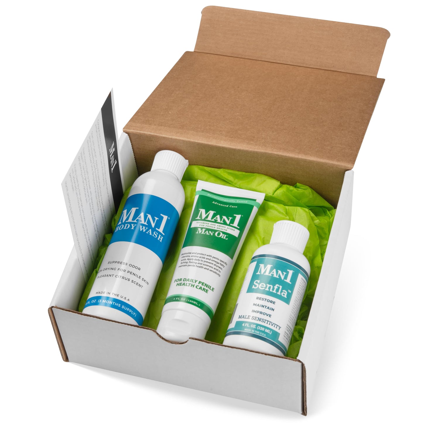 Man1 Collection: Penile Health Gift for His Anniversary, Birthday or Holiday. Give Him a Unique Present He’ll Love. Three Premium Products for Complete Penile Care: Man1 Man Oil, Senfla and Body Wash