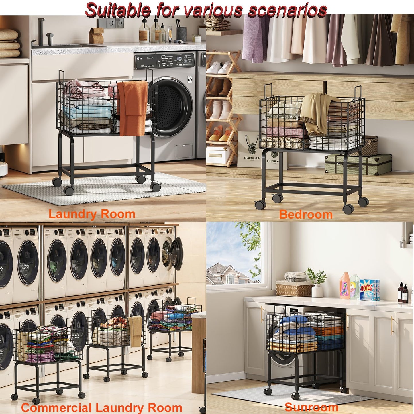 Wire Laundry Hamper Cart,Rolling Laundry Carts with Pull Handle,Black Tall Laundry Basket,Commercial Wire Laundry Hamper Cart-23.6 * 15.75 * 28 inches