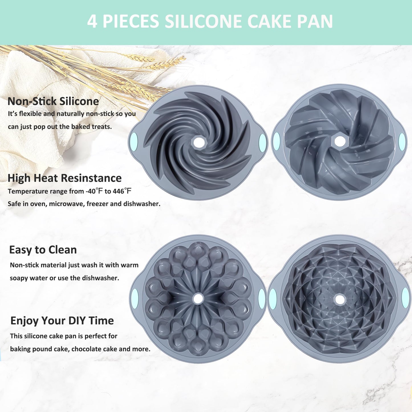 Tongjude 4 Pieces Silicone Fluted Cake Pans, 9/10/12 Cups Tube Baking Pan, Silicone Molds for Homemade Cake, Bread and Jello, Non-Stick, Grey