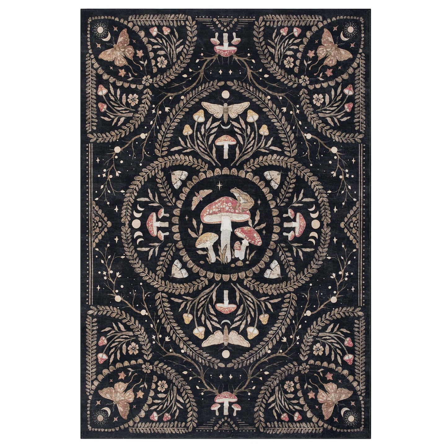Garvee Mushroom 5x7 Area Rugs for Living Room, Dark Academia Gothic Rug, Non Slip Animal Print Washable Rugs 5x7 Low Pile Bedroom Decor Bug Carpet with Rubber for Playroom Dining Room Office, Black