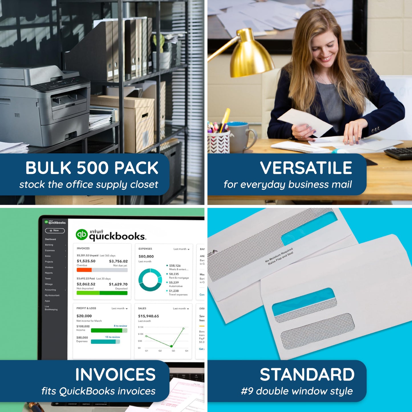 500 No. 9 Flip and Seal Double Window Security Envelopes - Designed for Quickbooks Invoices and Business Statements with Self Seal Flip Press and Seal Flap -Number 9 Size 3 7/8 Inch X 8 7/8 Inch